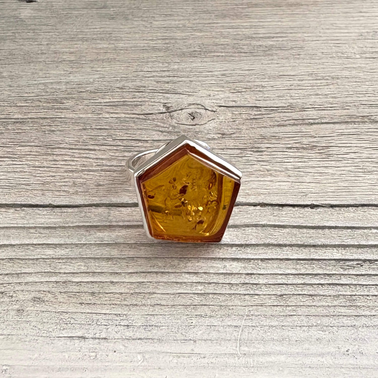 cognac amber adjustable ring set in sterling silver