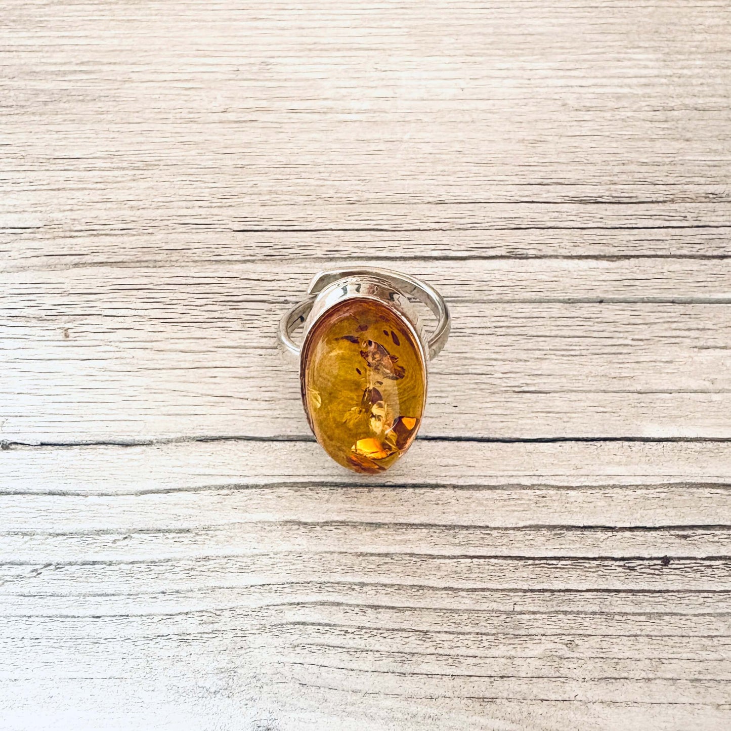 Adjustable Amber Ring Set in Polished Sterling Silver