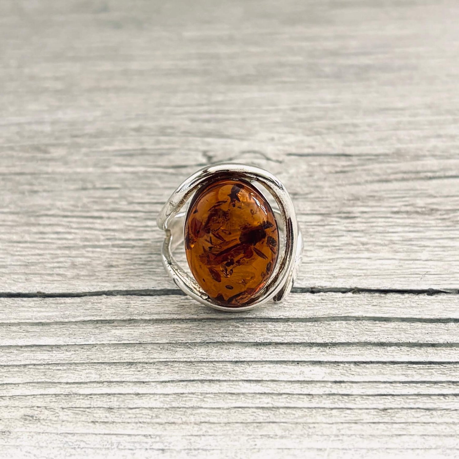 front of cognac amber and silver ring