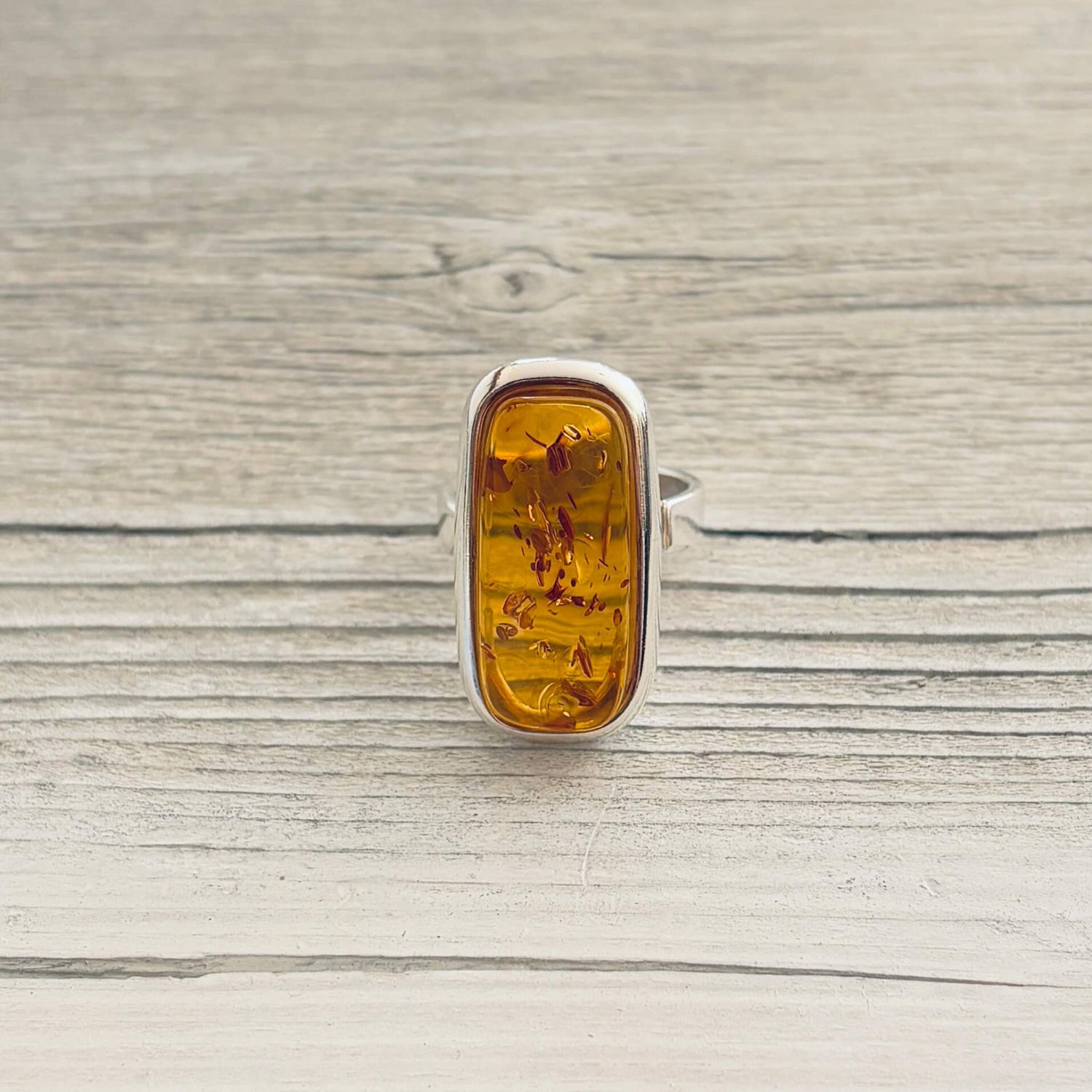 rectangular cognac amber adjustable silver ring