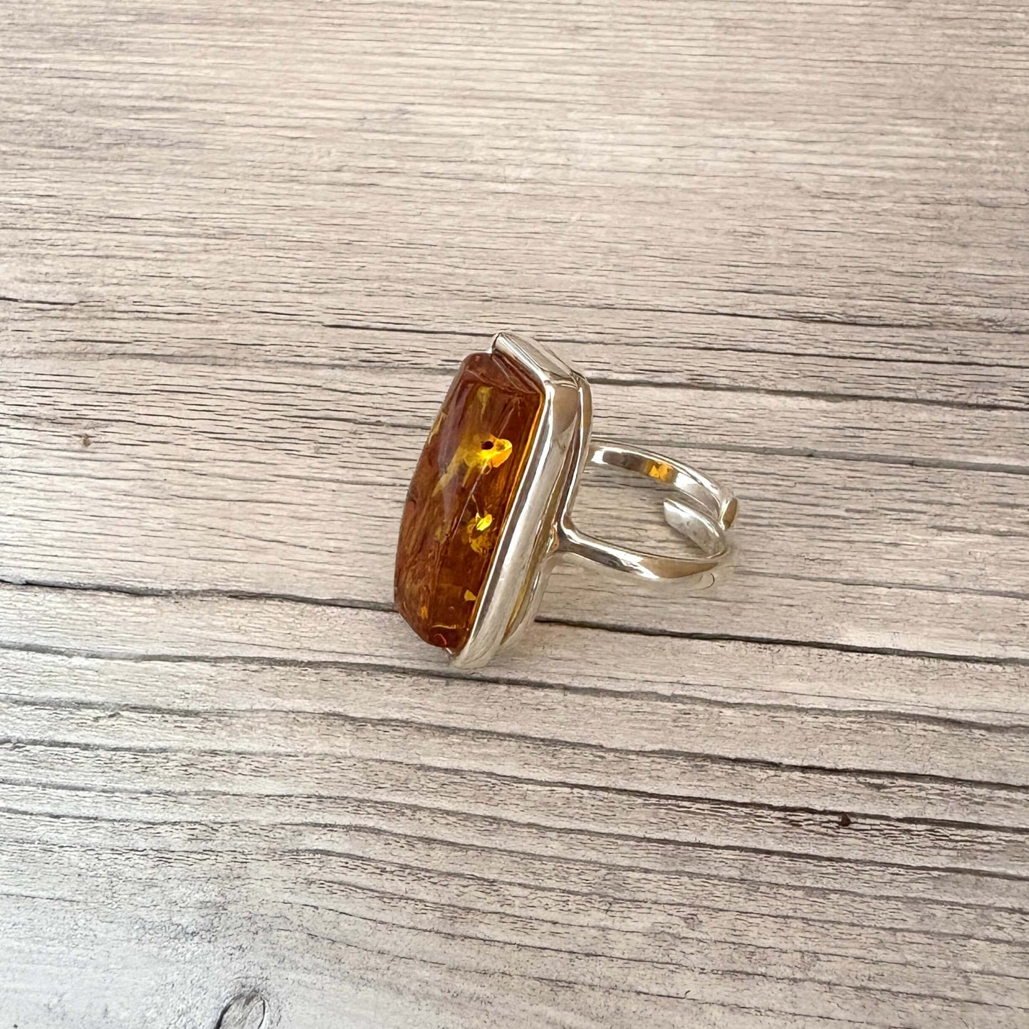 sterling silver and rectangular amber ring adjustable in size