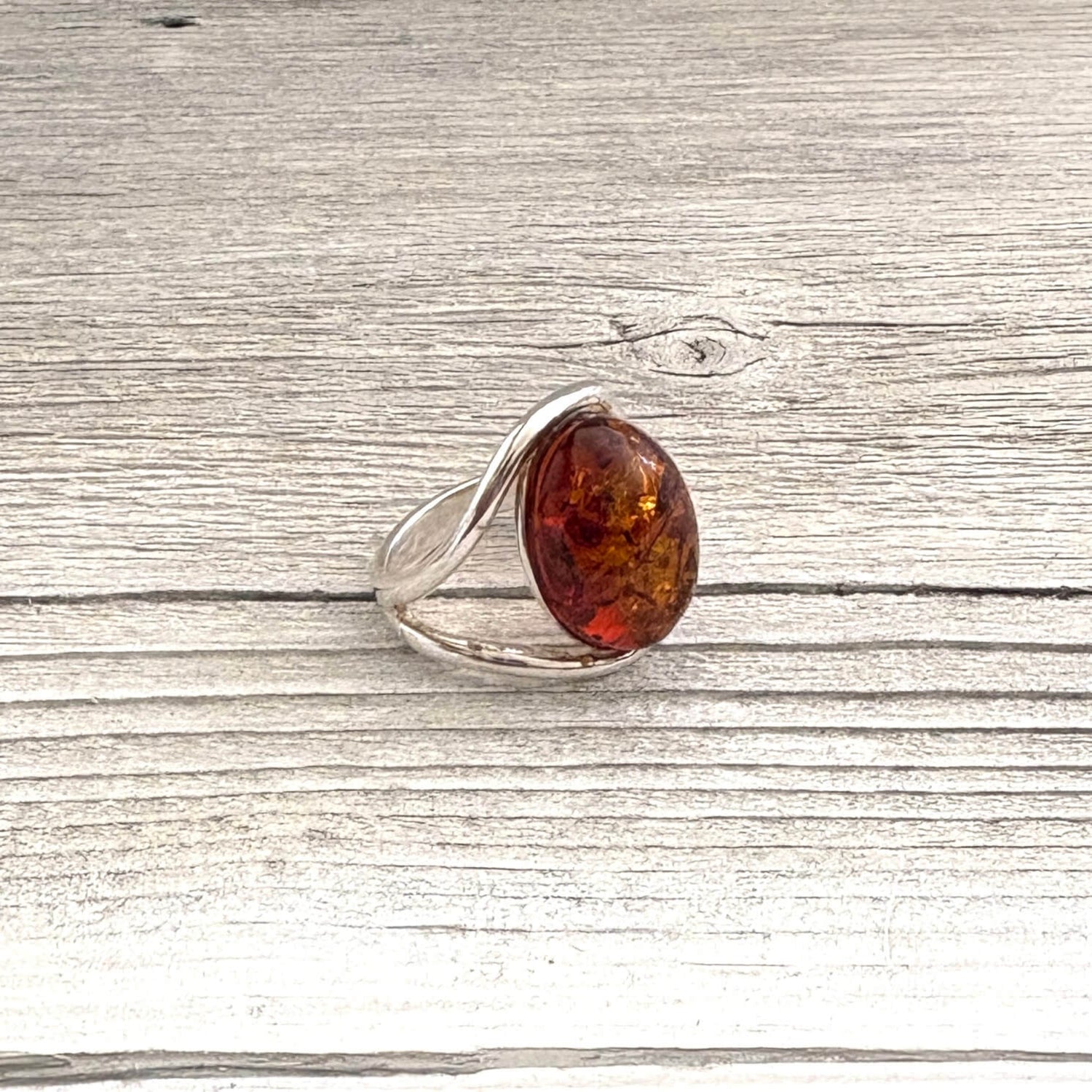 side of cognac amber sterling silver ring