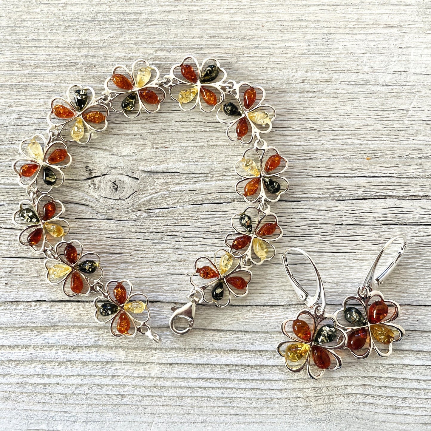 mixed coloured amber bracelet and matching earrings