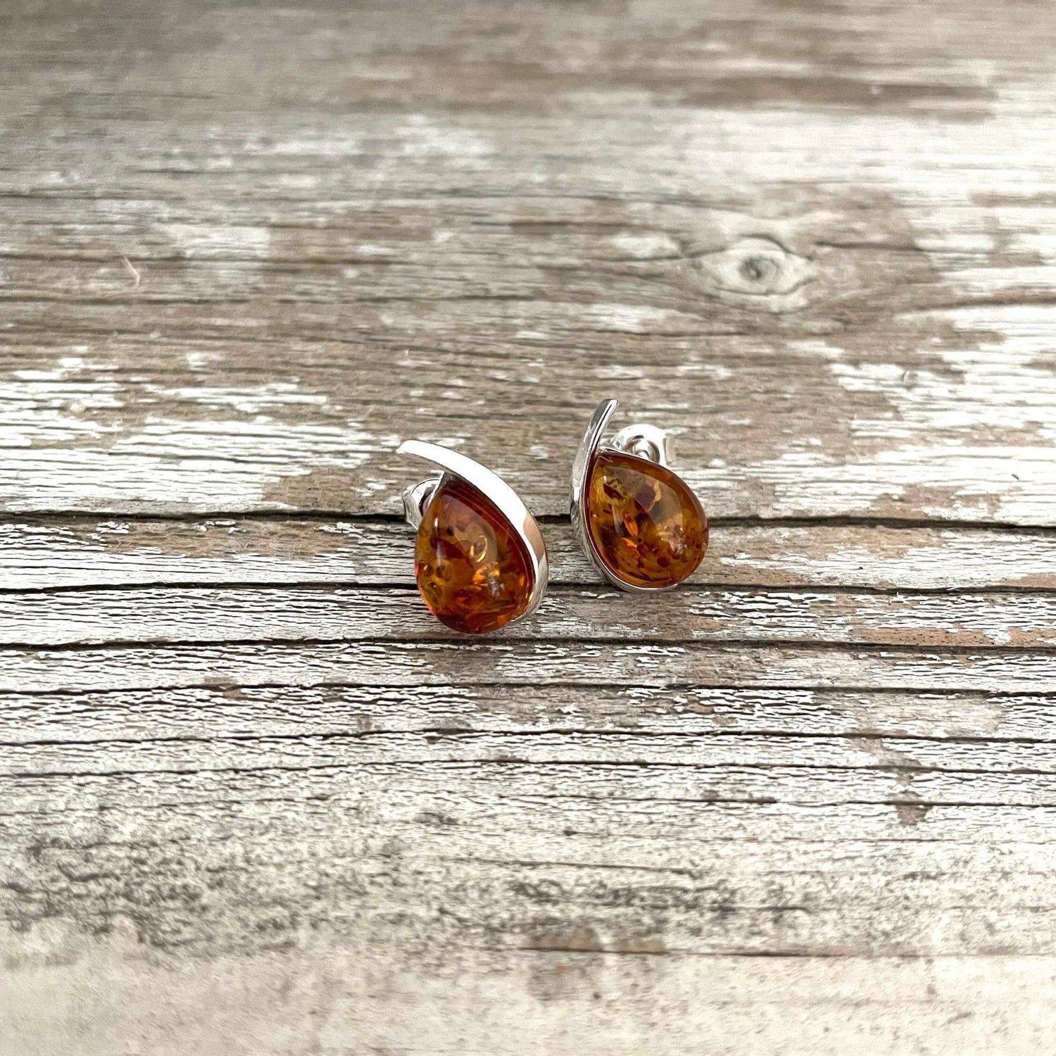 cognac amber tear drop earrings set in sterling silver