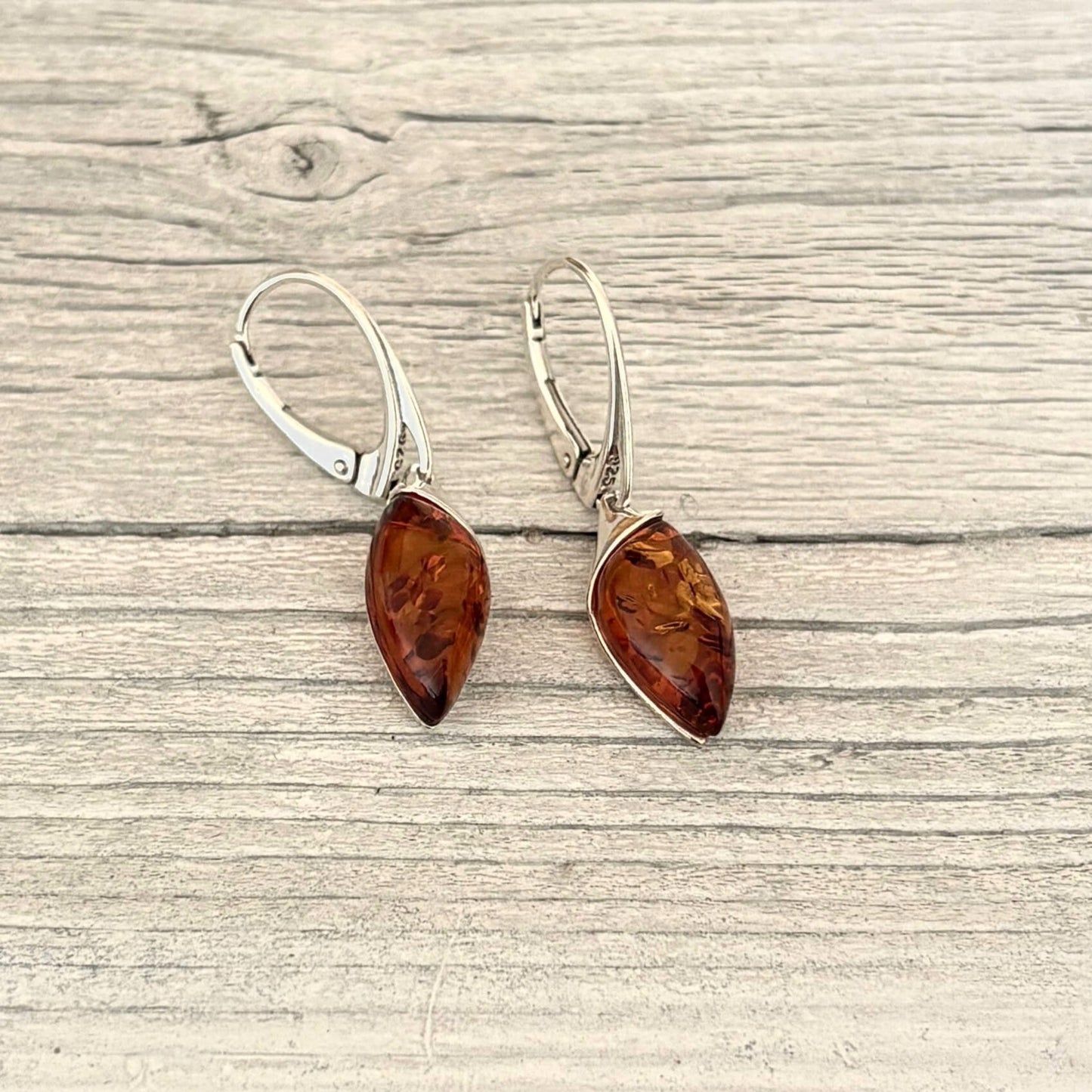 sterling silver dangle cognac amber earrings