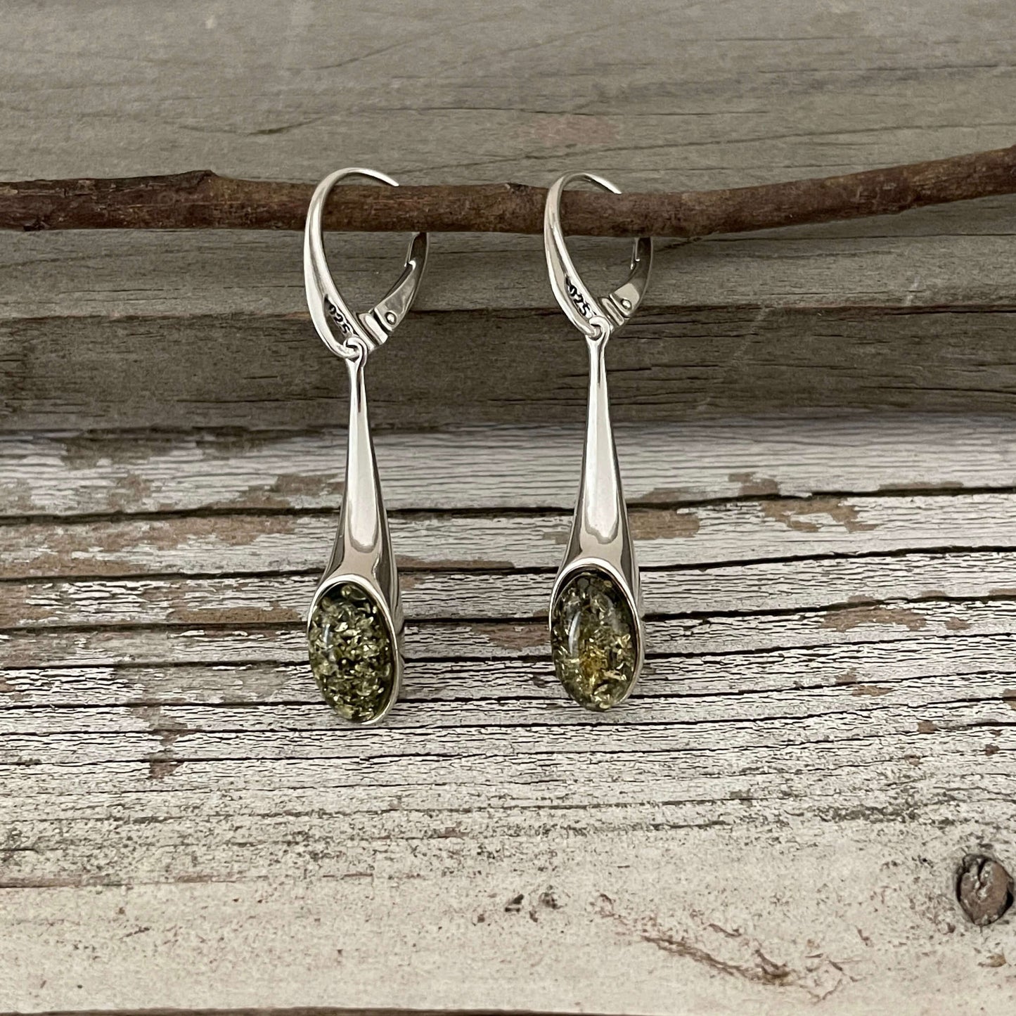 green baltic amber long lever back sterling silver earring