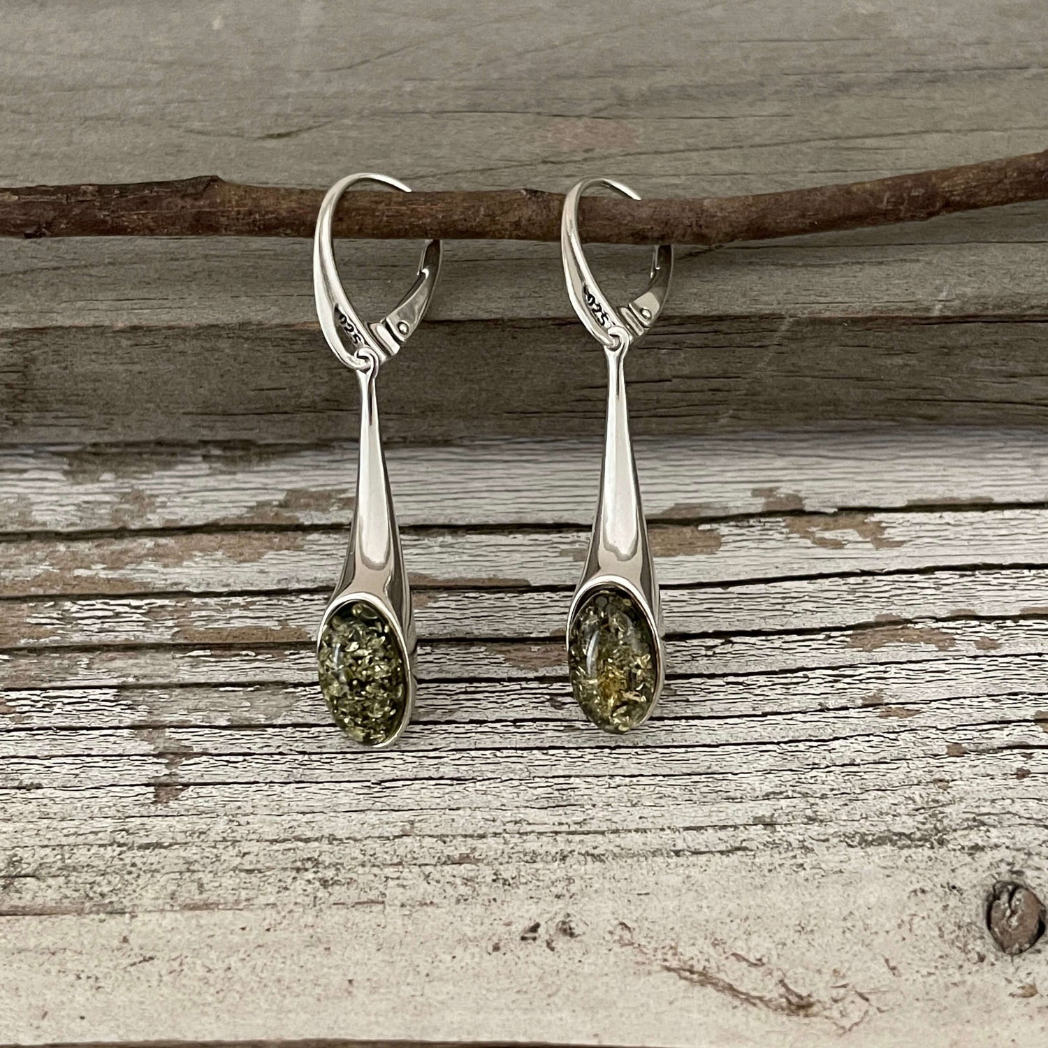 green baltic amber long lever back sterling silver earring