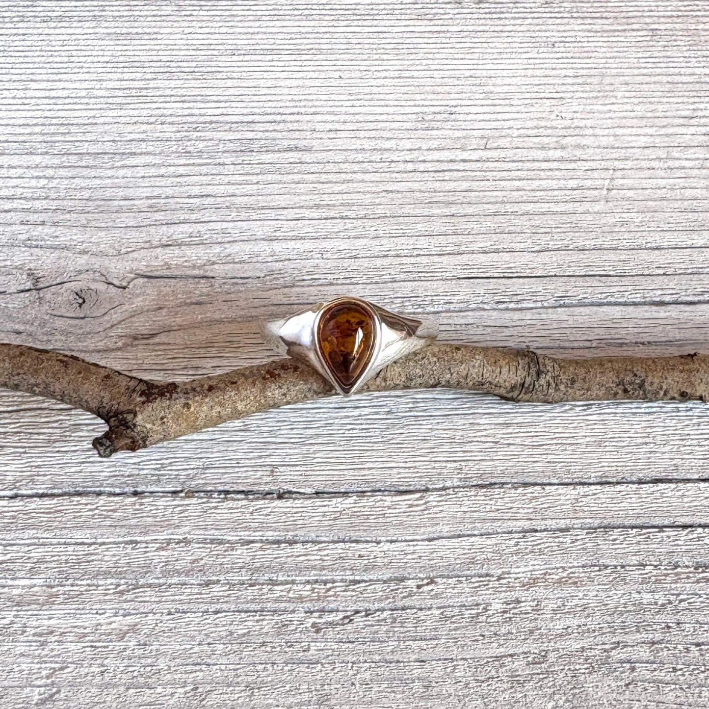 amber teardrop shaped cognac sterling silver ring