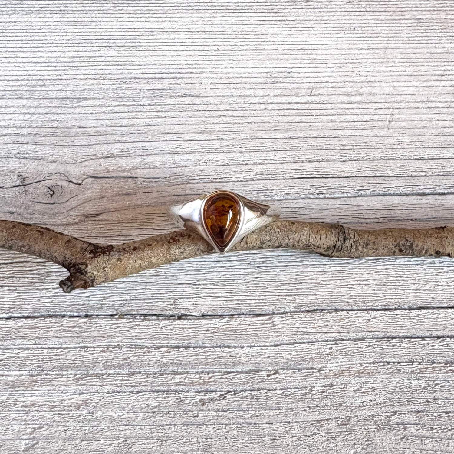 amber teardrop shaped cognac sterling silver ring