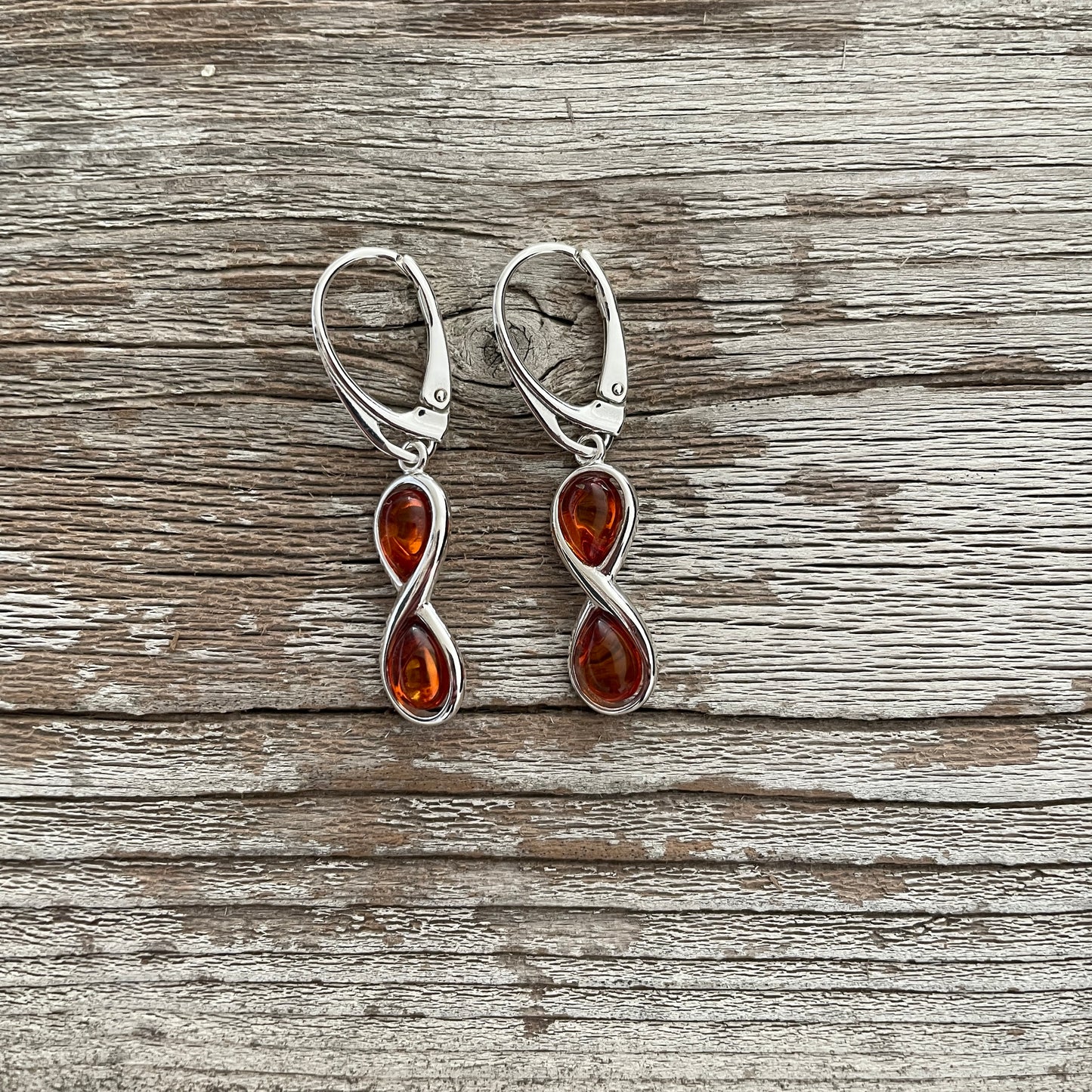 cognac amber infinity style lever back earrings