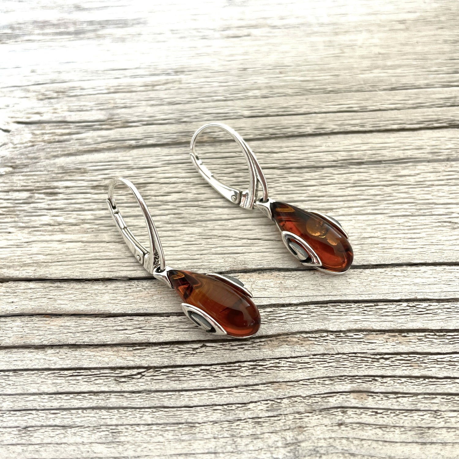 leverback amber earrings left side