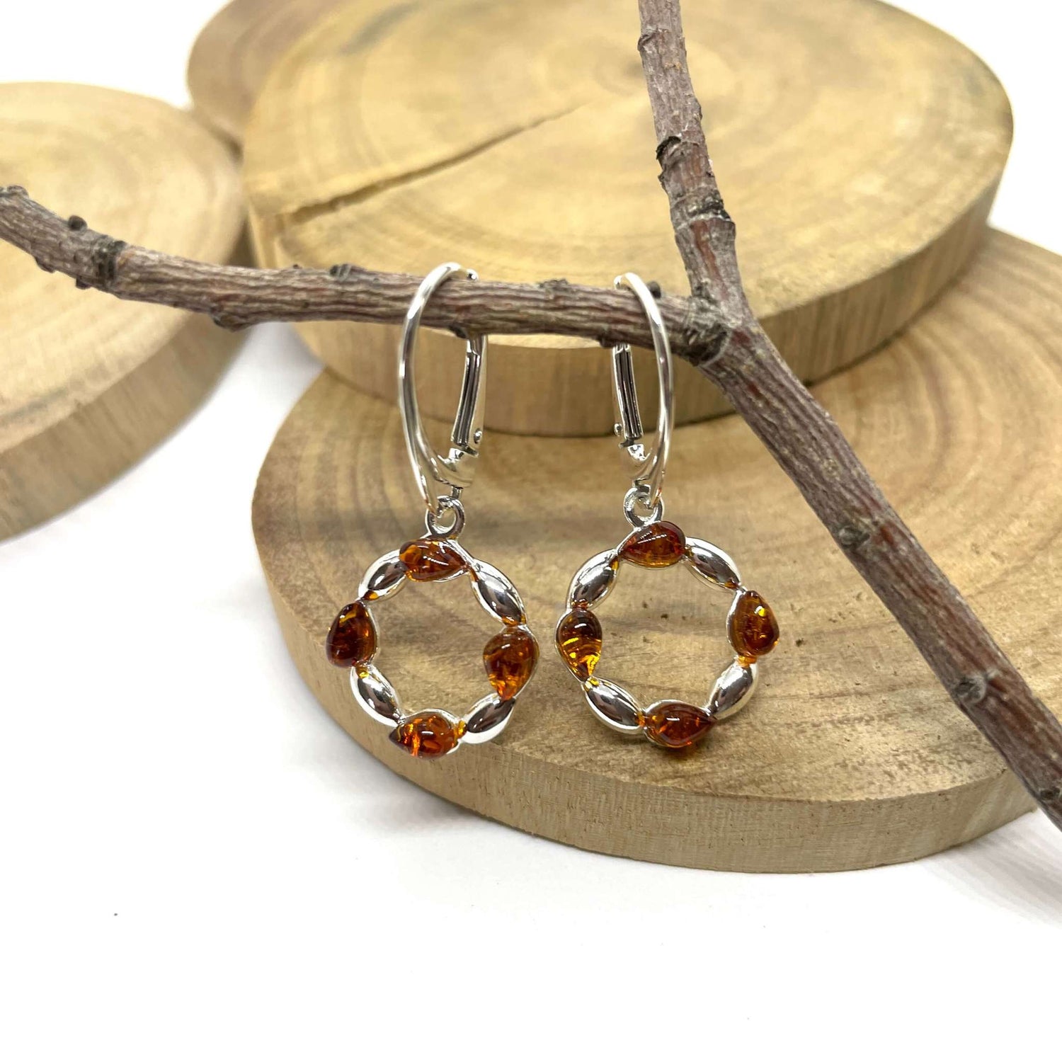 round shaped lever back earrings with amber