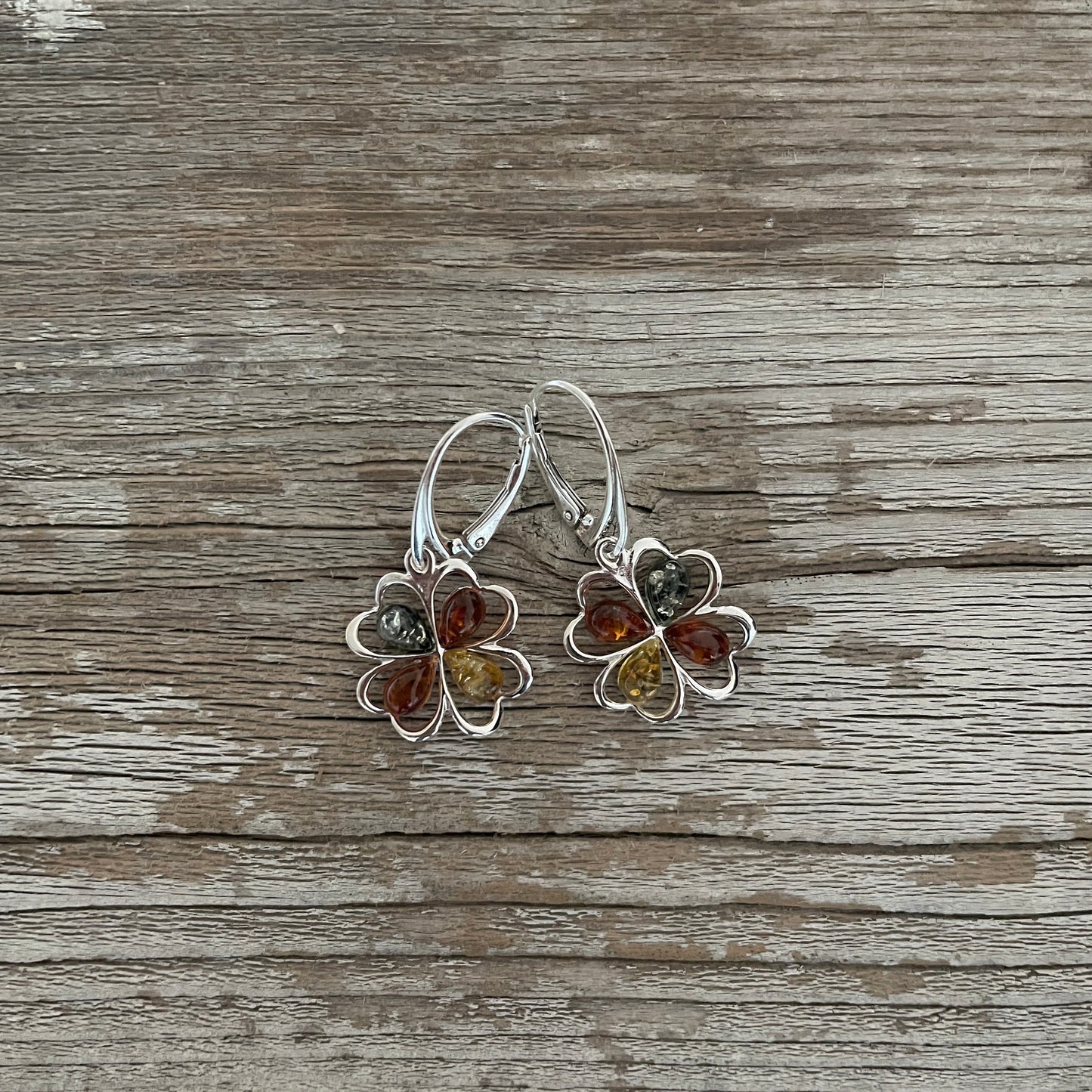 lever back flower shaped amber sterling silver earrings