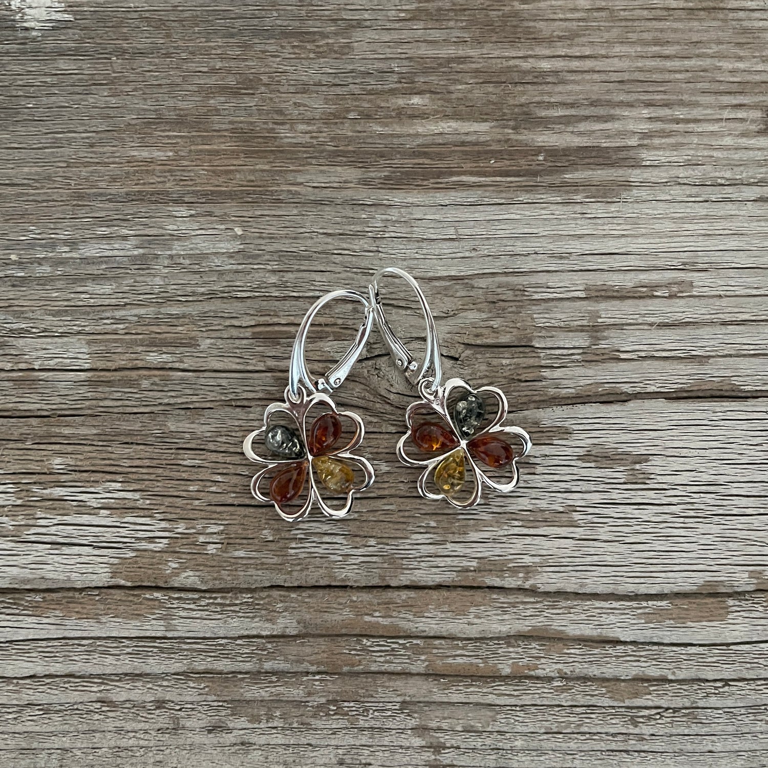 lever back flower shaped amber sterling silver earrings