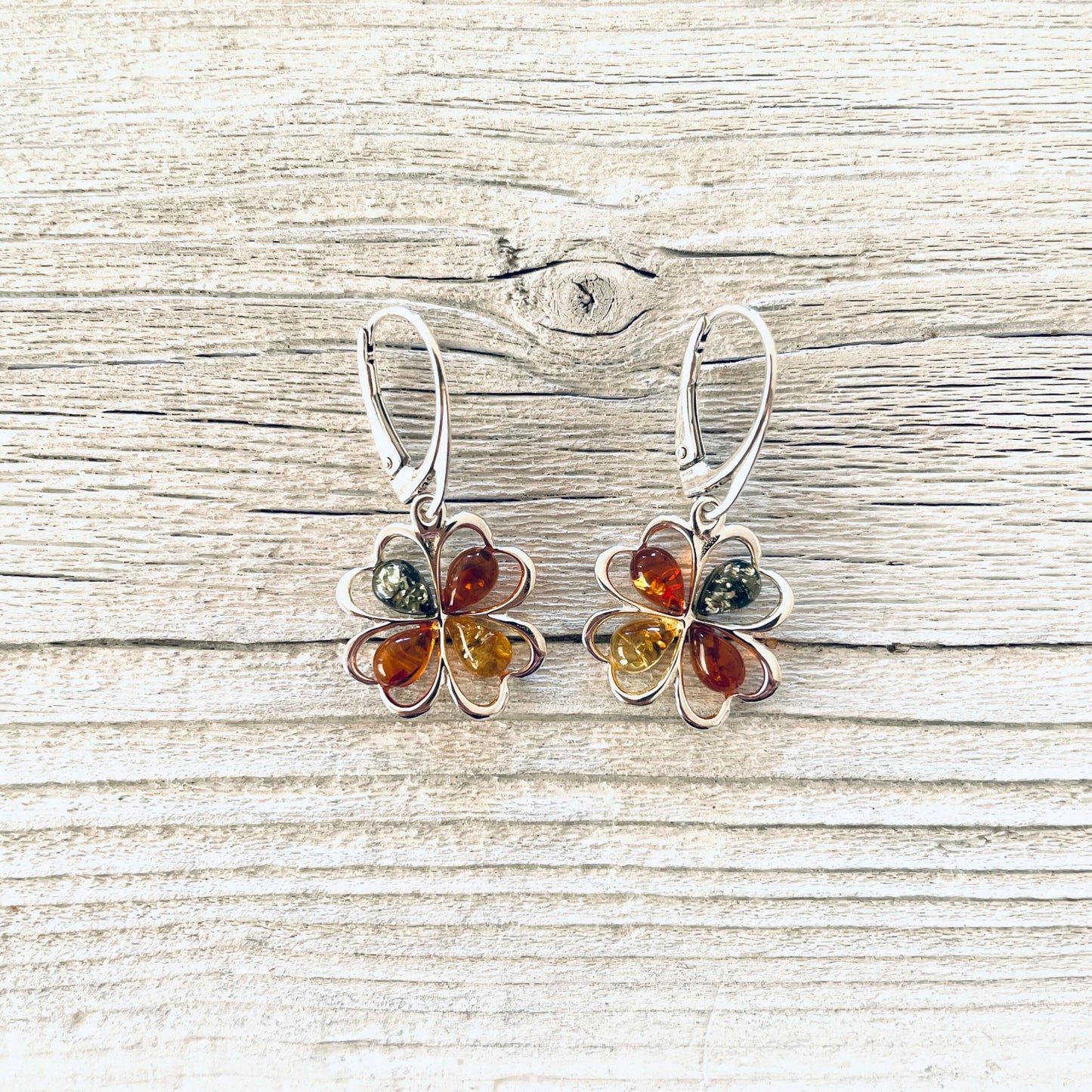 flower shaped sterling silver tri coloured amber earrings
