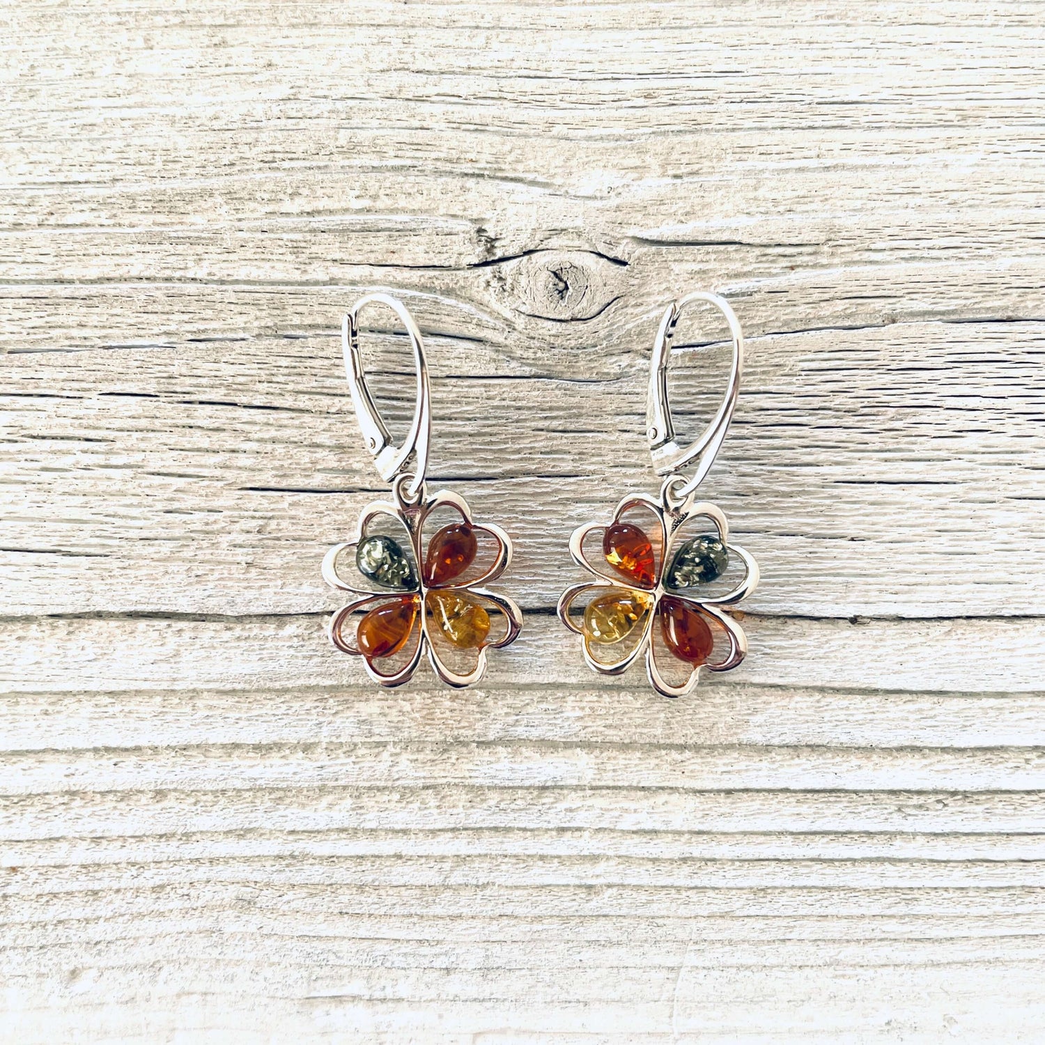 flower shaped sterling silver tri coloured amber earrings
