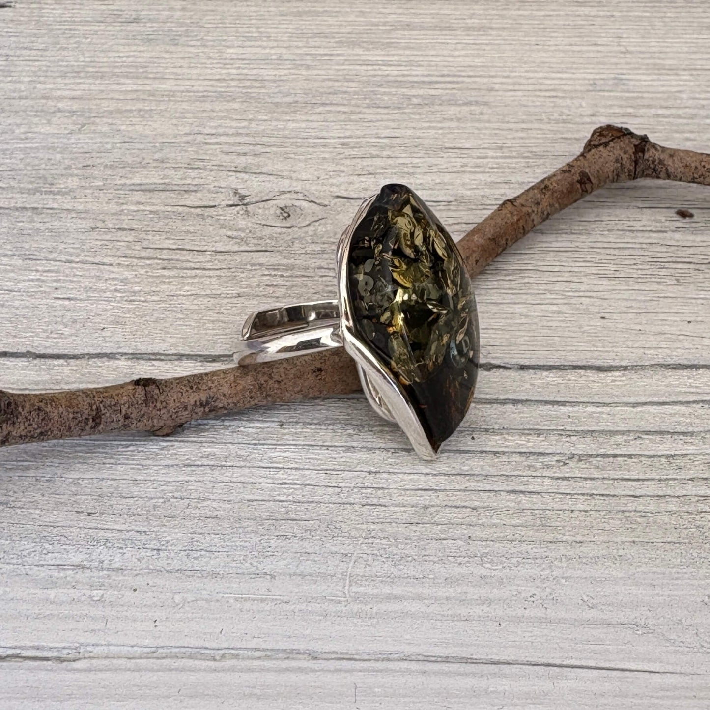 green amber sterling silver ring