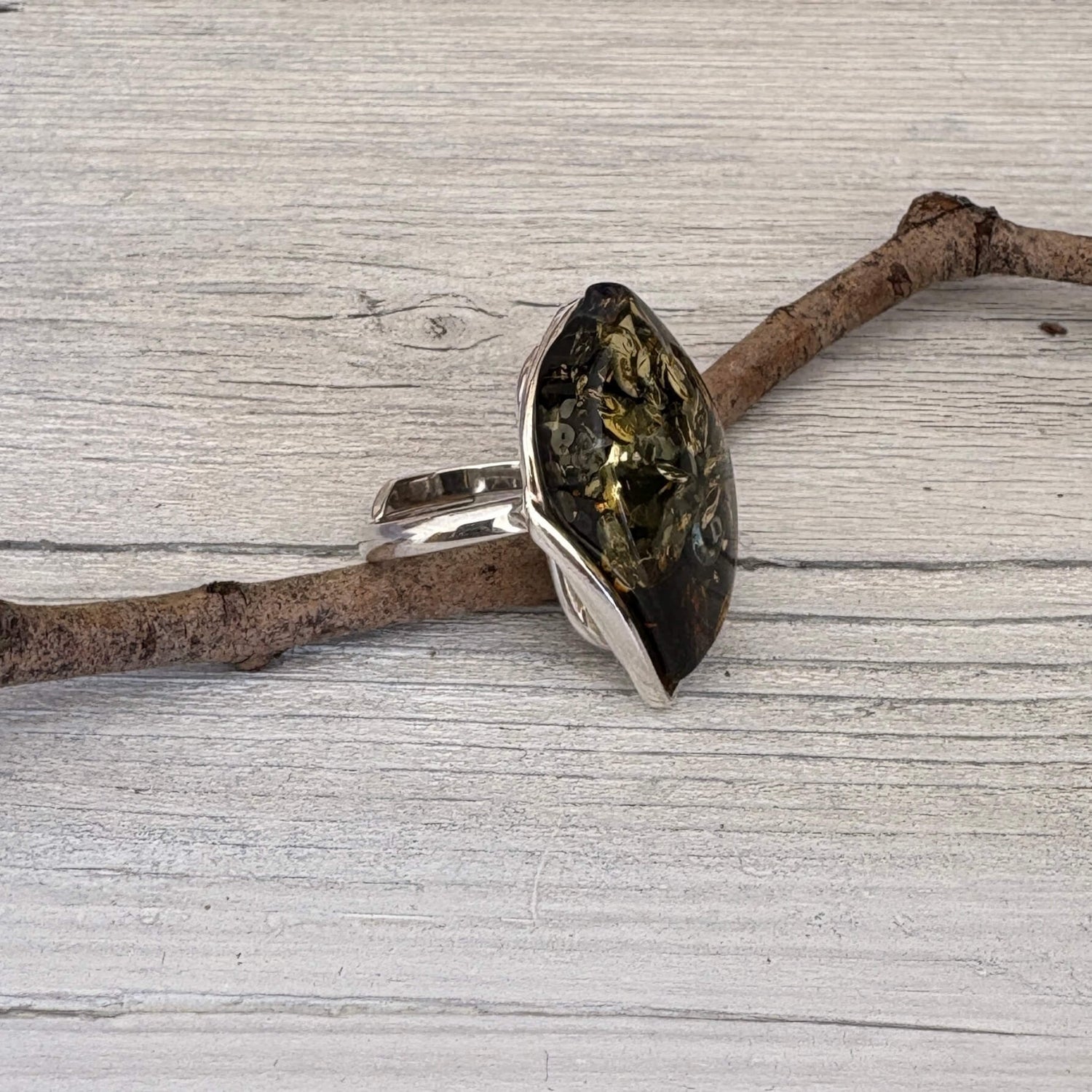 green amber sterling silver ring