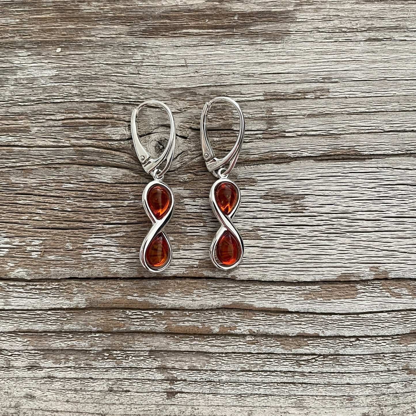 cognac amber infinity style lever back earrings
