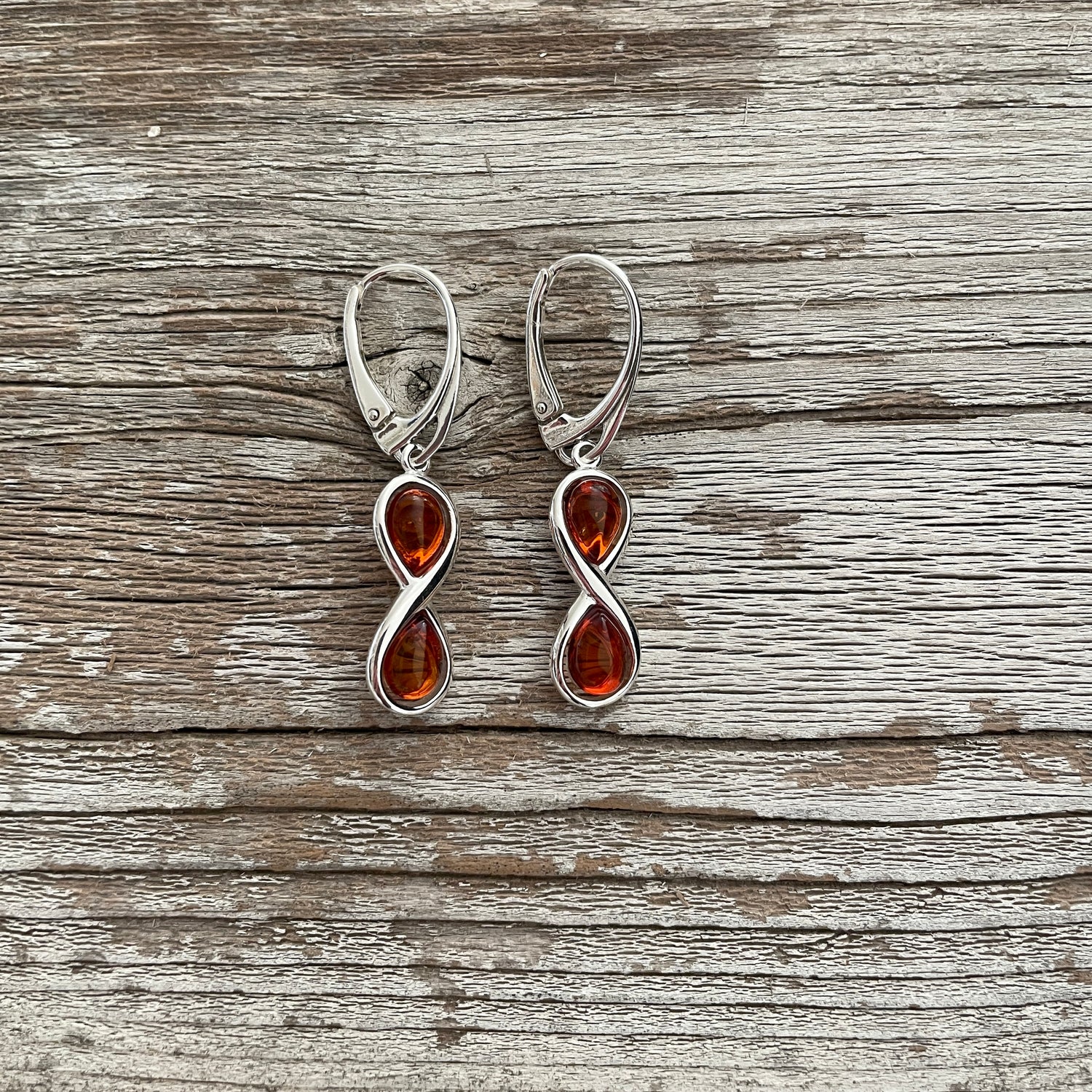 cognac amber infinity style lever back earrings