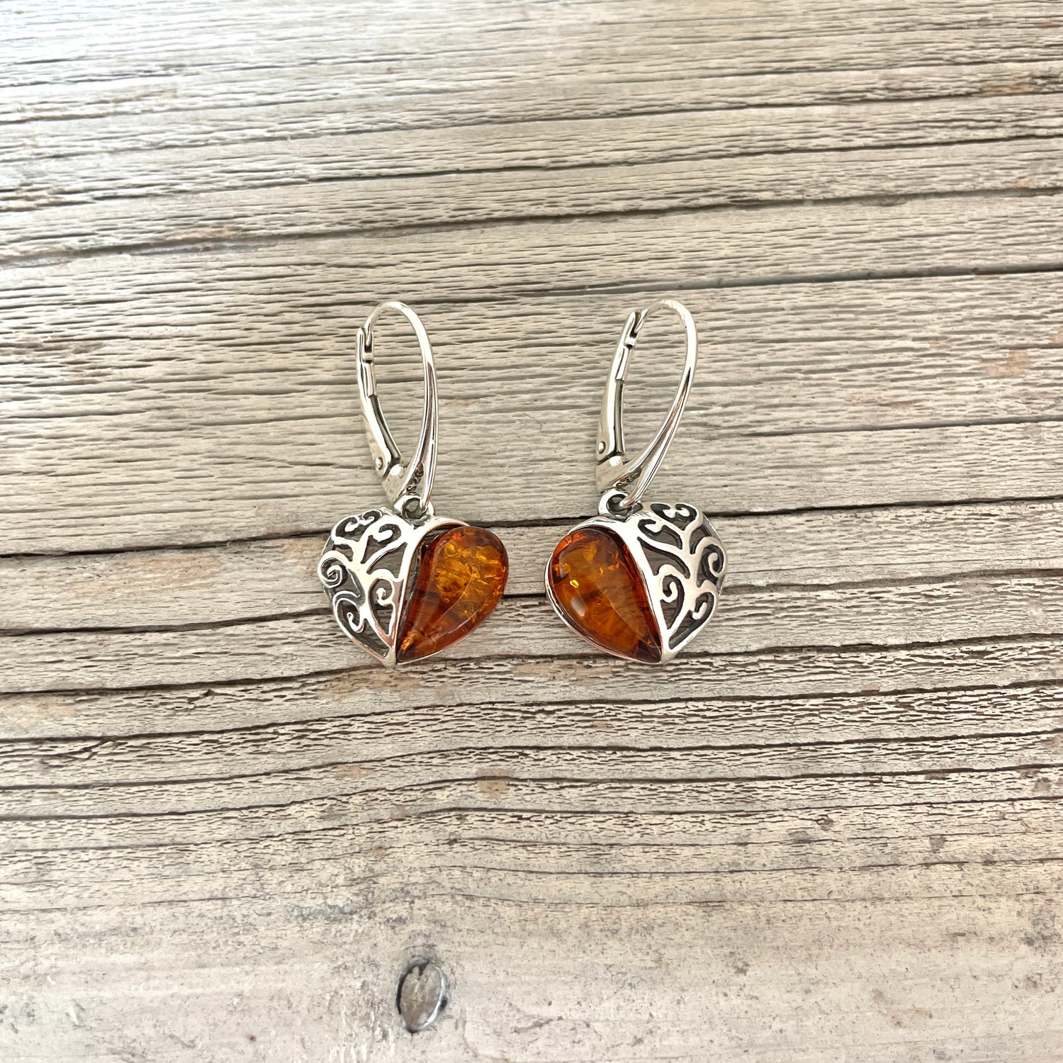 lever back amber earrings heart shaped