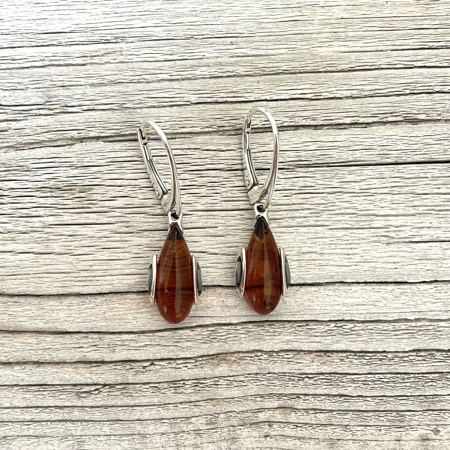 leverback dangle amber earrings front