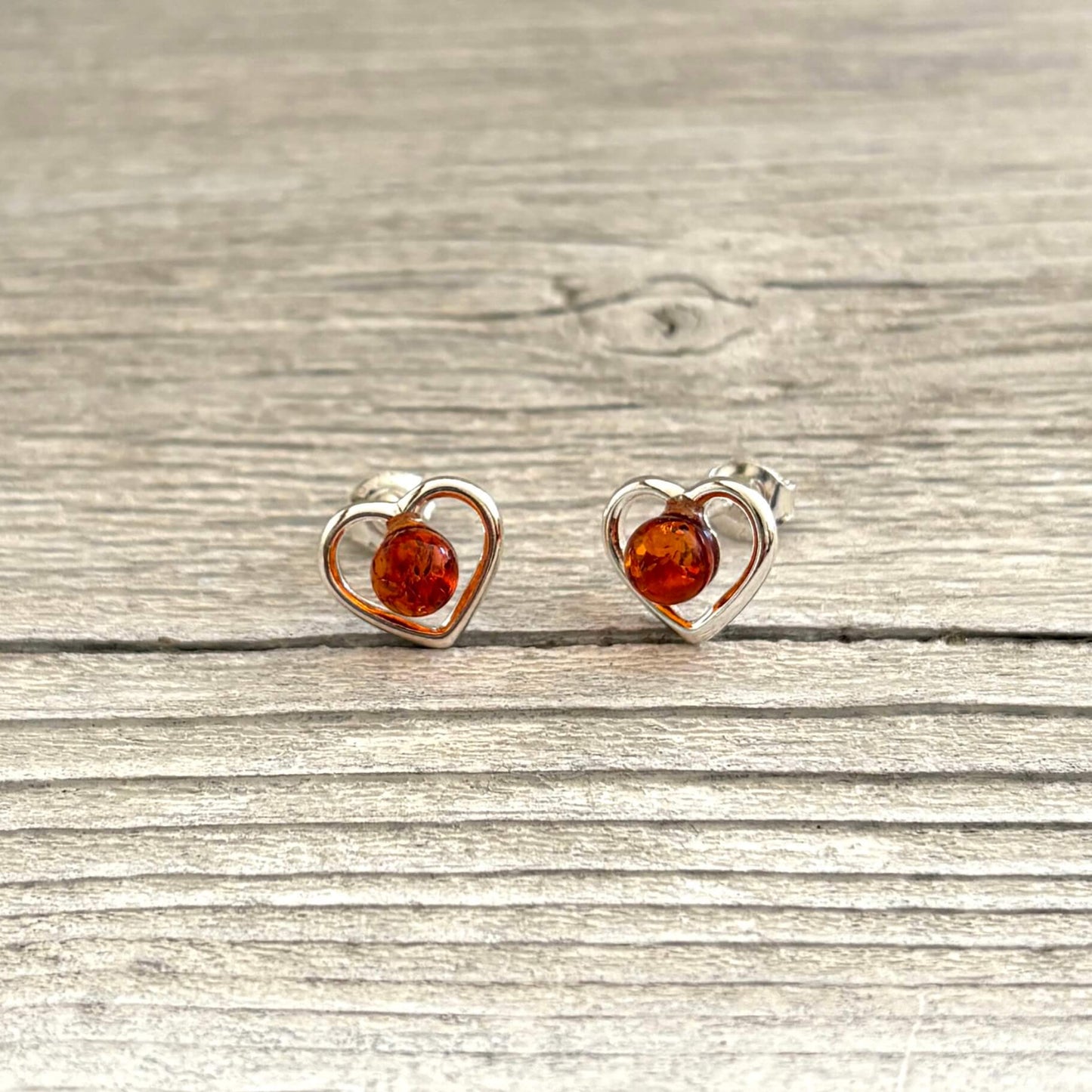 sterling sterling love heart shaped stud earrings with round cognac amber stone