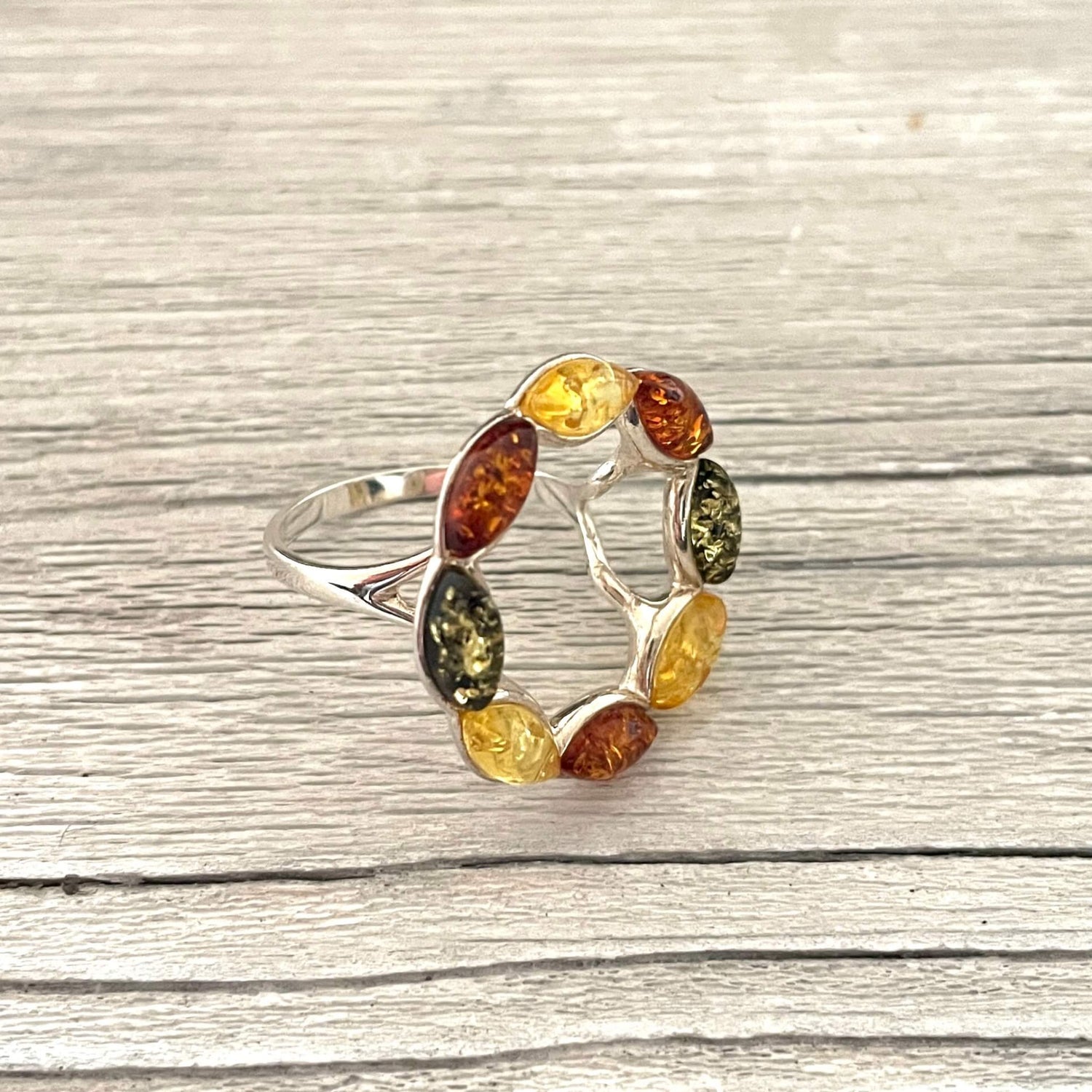 mixed coloured round shaped  amber ring