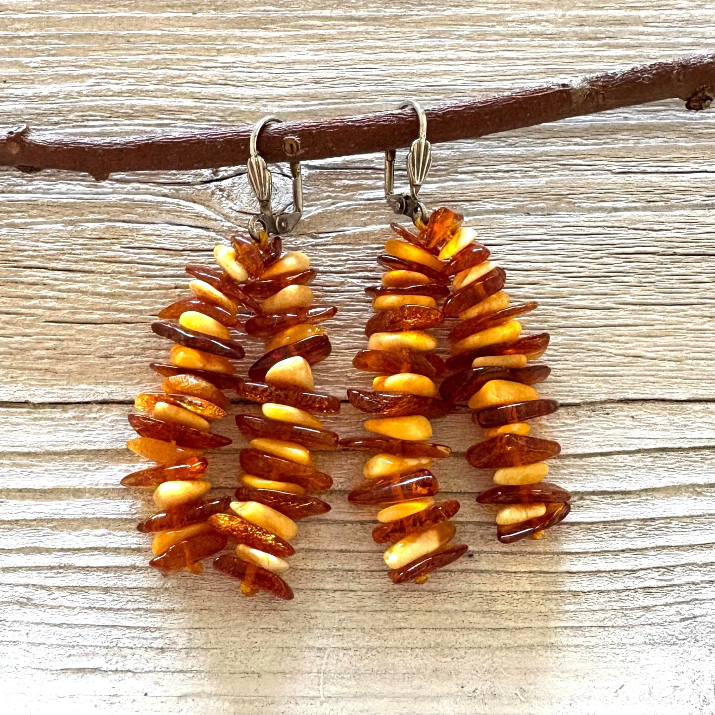 Beaded long amber dangle earrings