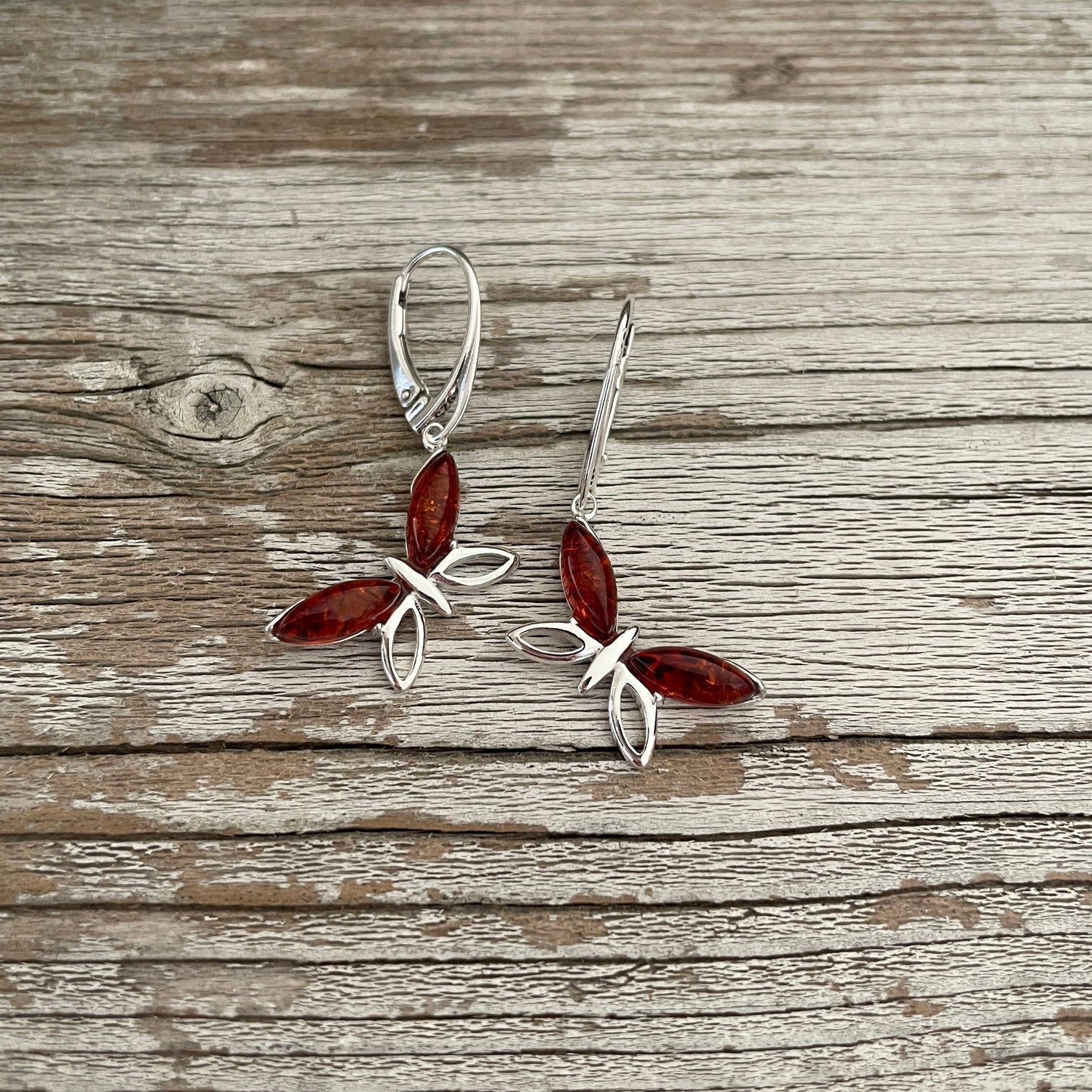 sterling silver lever back butterfly shaped amber earrings