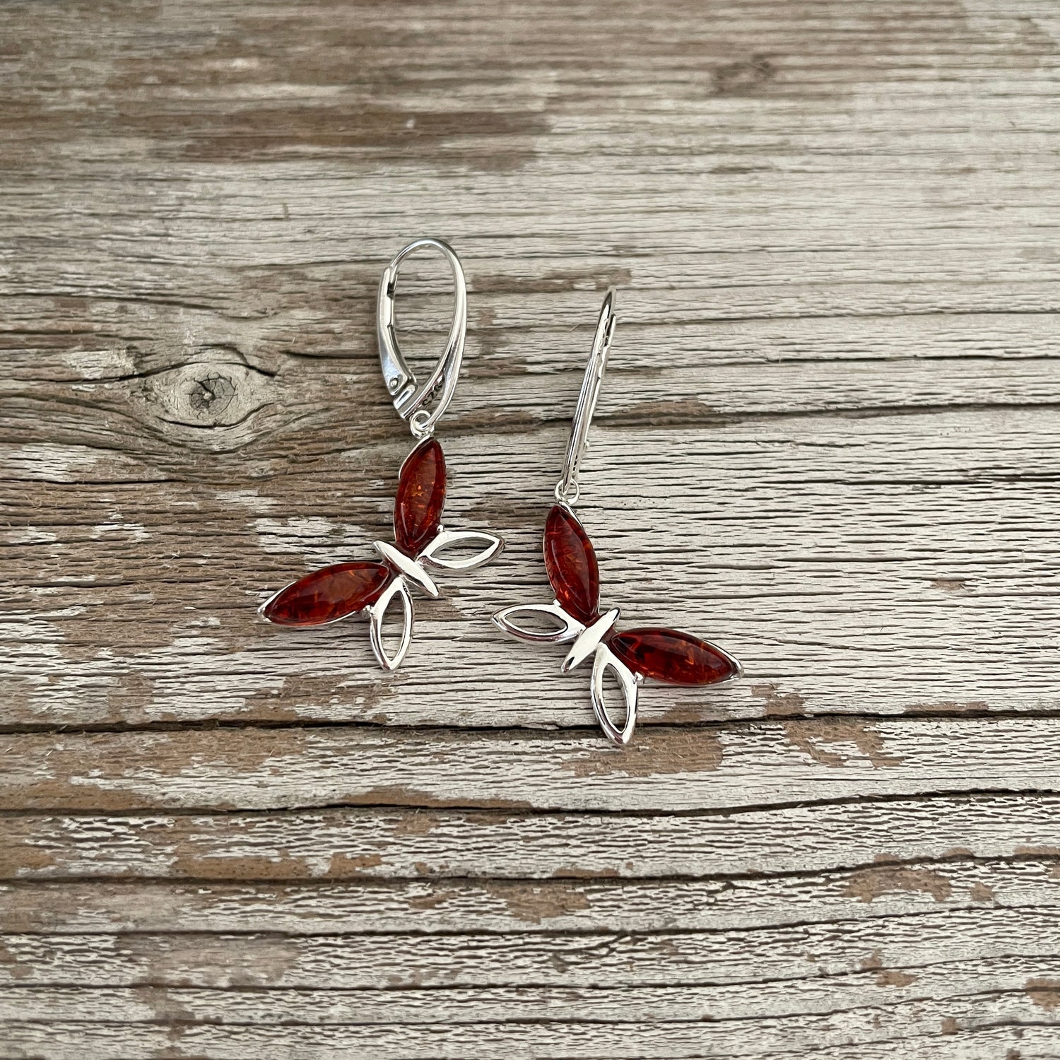 sterling silver lever back butterfly shaped amber earrings