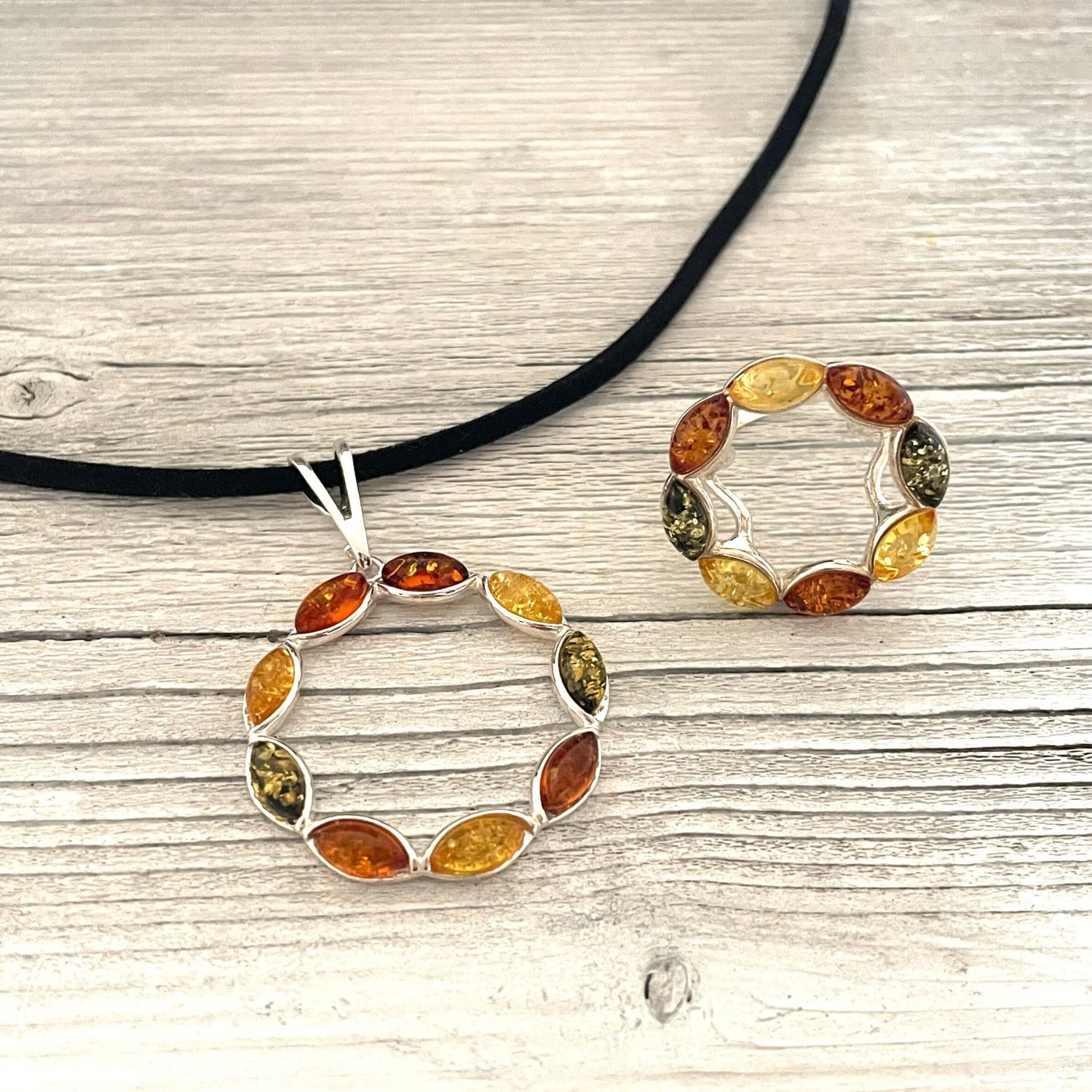 mixed coloured round amber pendant and amber ring