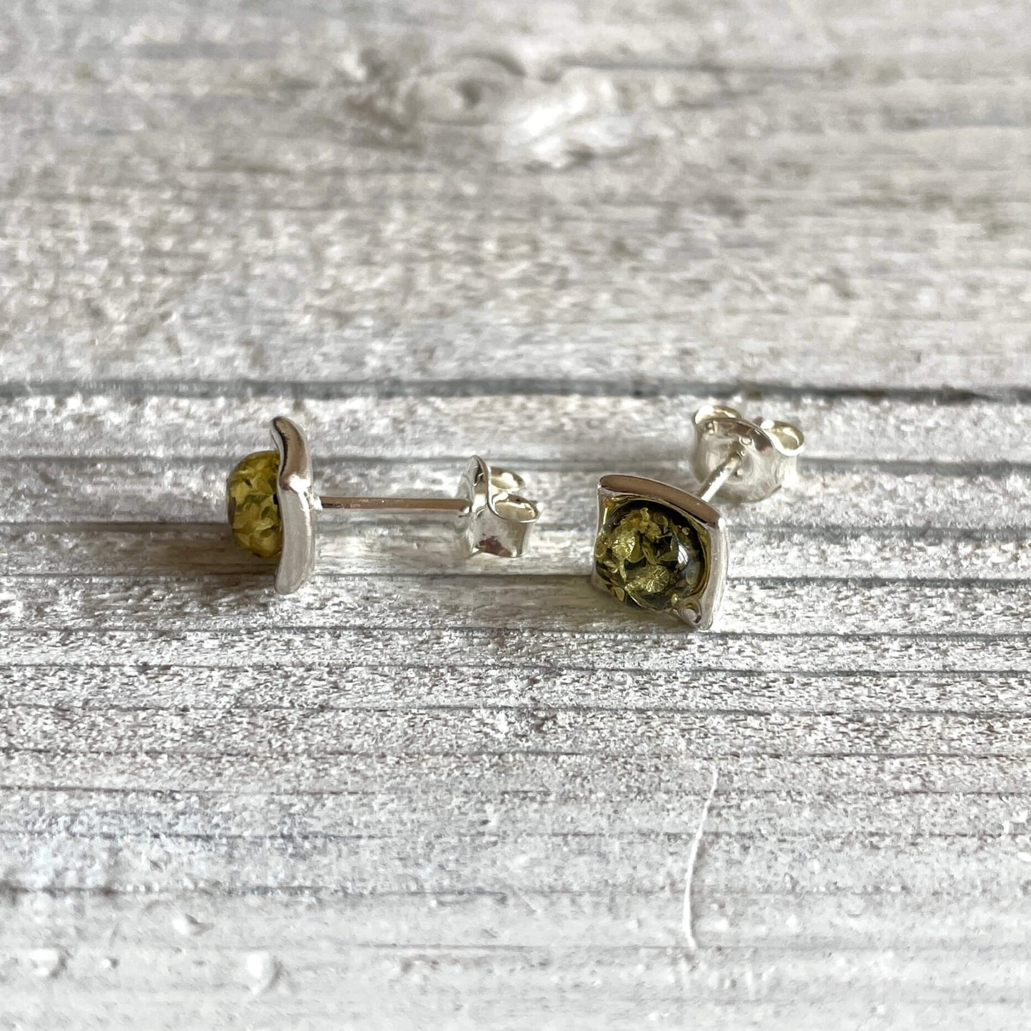 square shaped green amber stud earrings