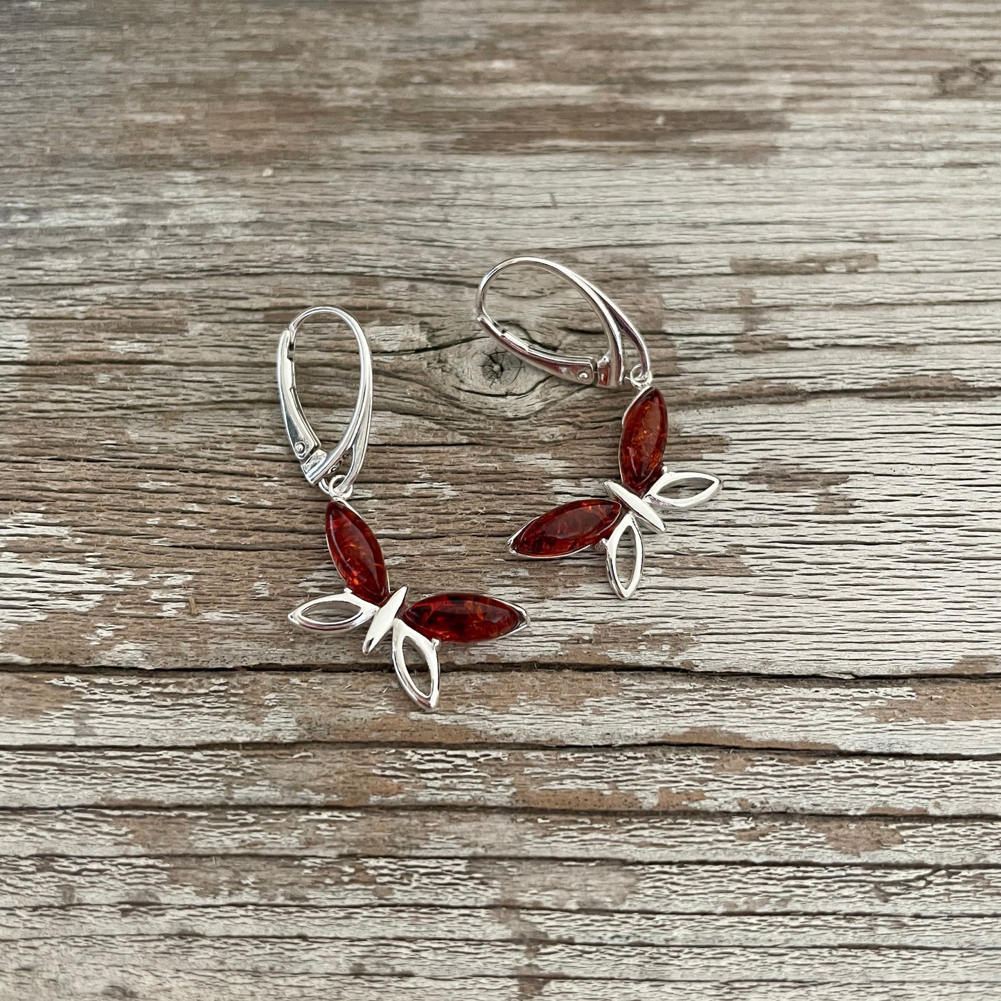 butterfly shaped amber and sterling silver earrings