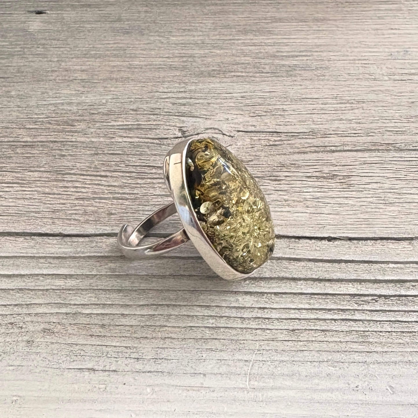 Oval Green Baltic Amber Sterling Silver Ring