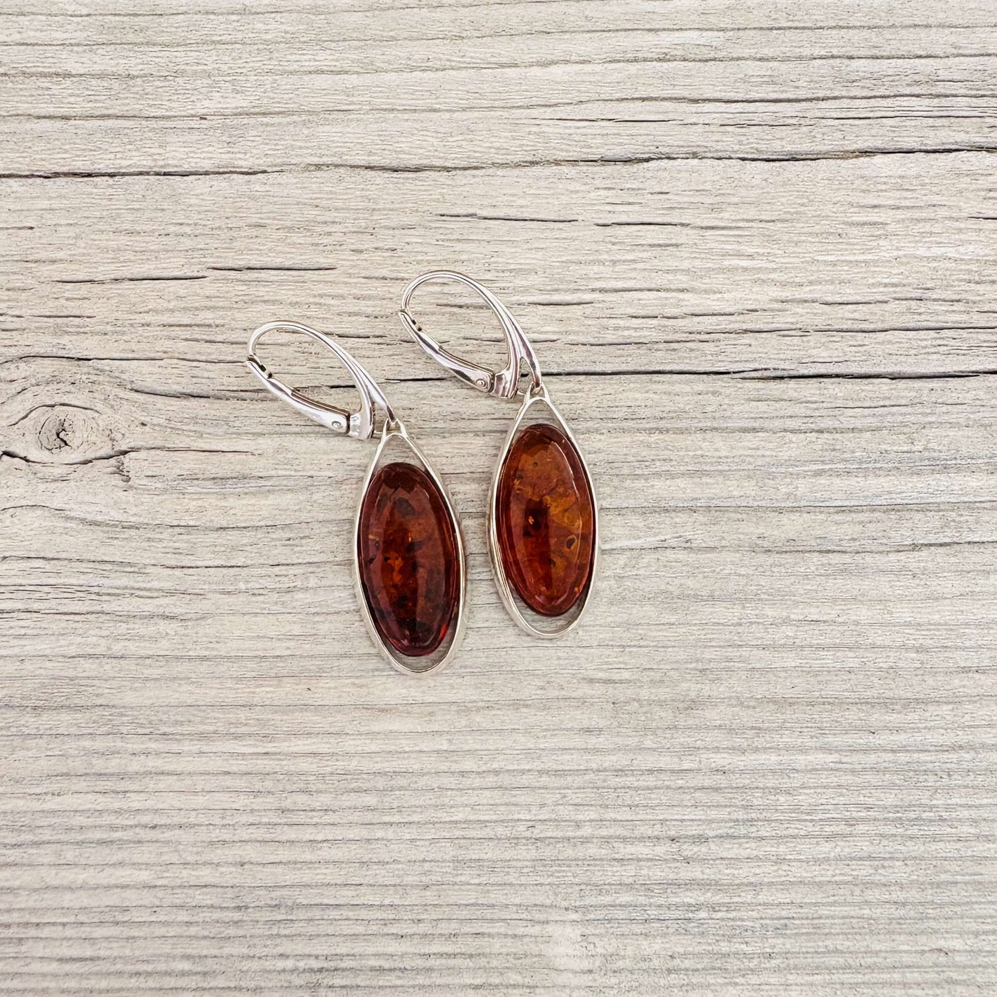 leverback oval shaped cognac amber earrings