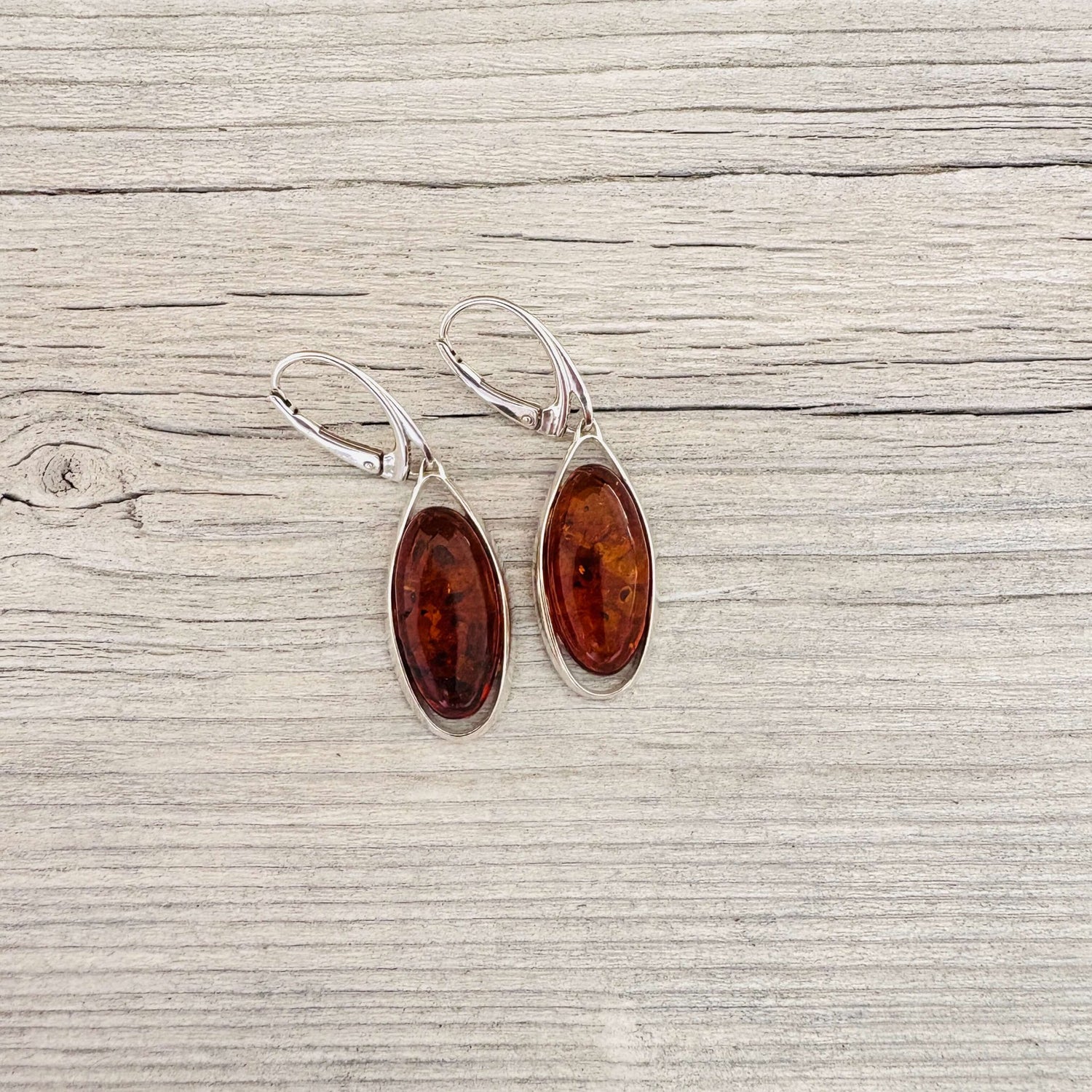 leverback oval shaped cognac amber earrings