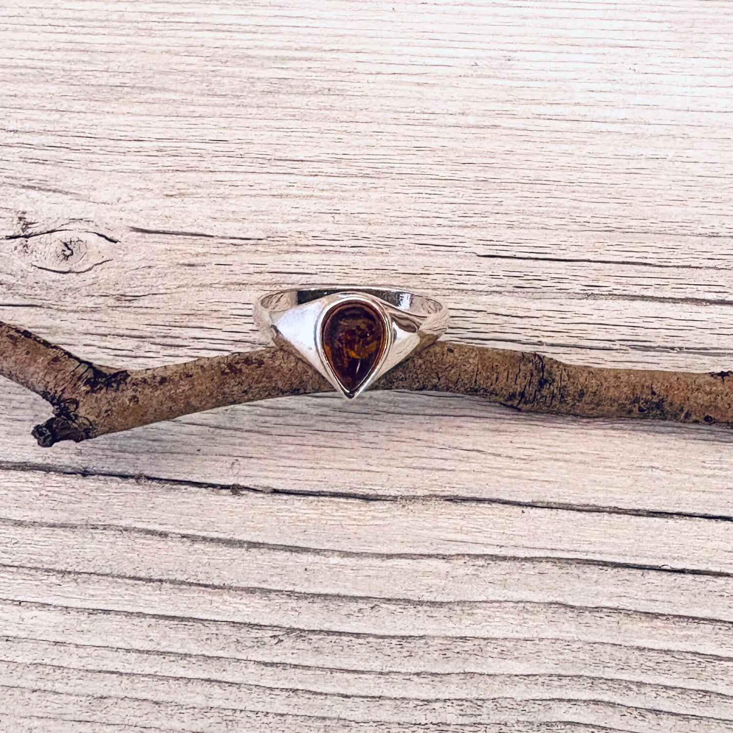 teardrop shaped cognac amber sterling silver ring