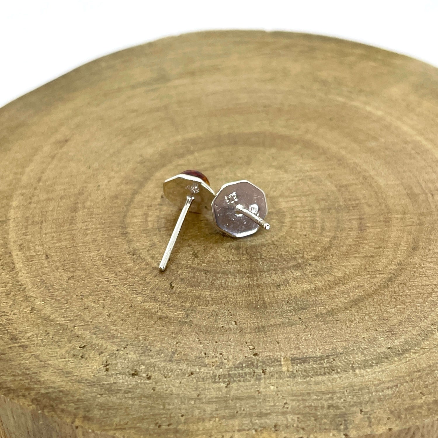 octogon shaped earrings with round amber set in sterling silver