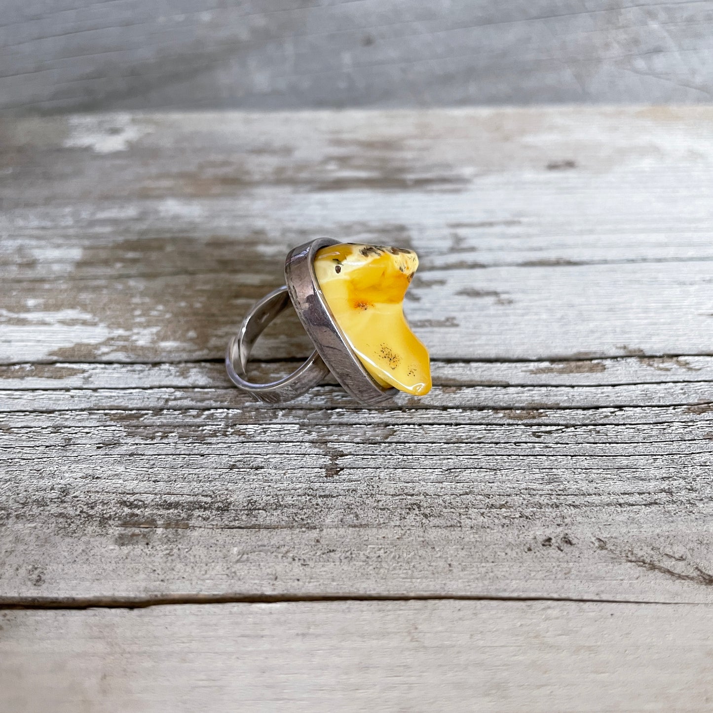 butterscotch triangle shaped amber and silver adjustable ring