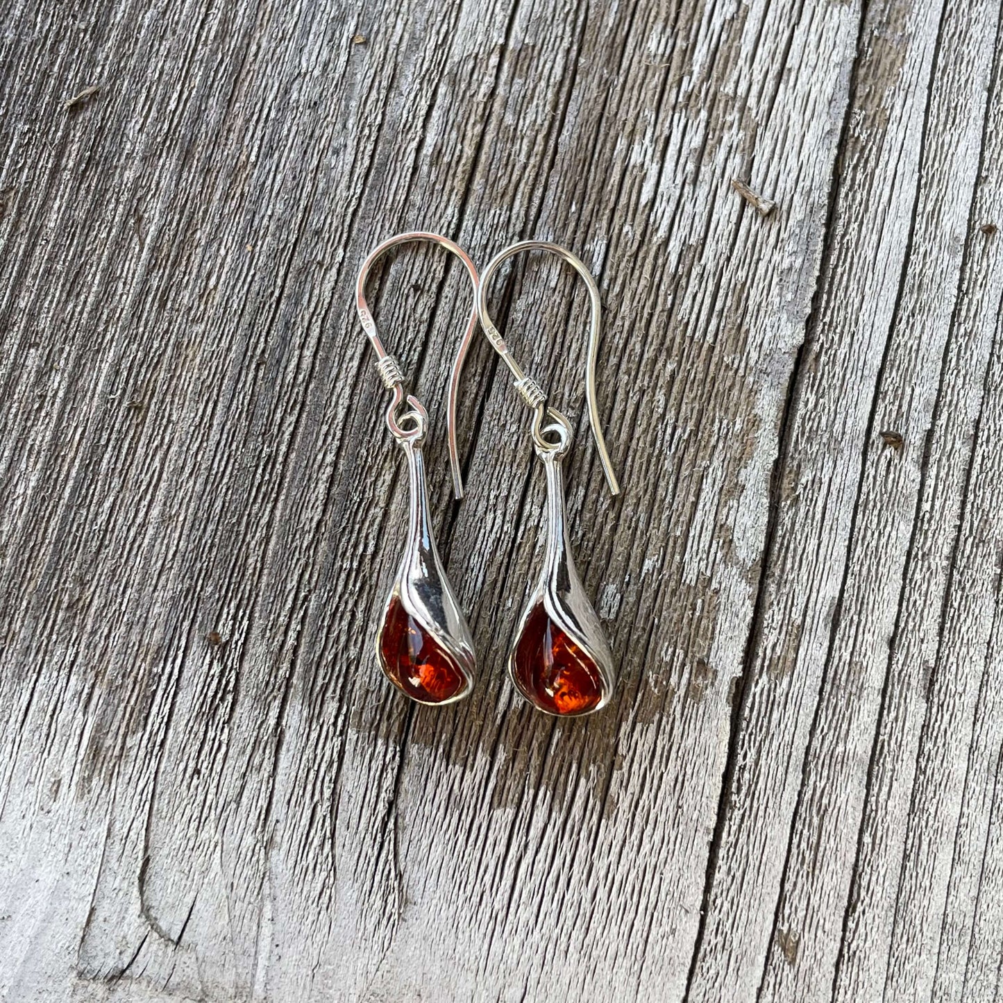 trumpet style cognac amber hook earrings