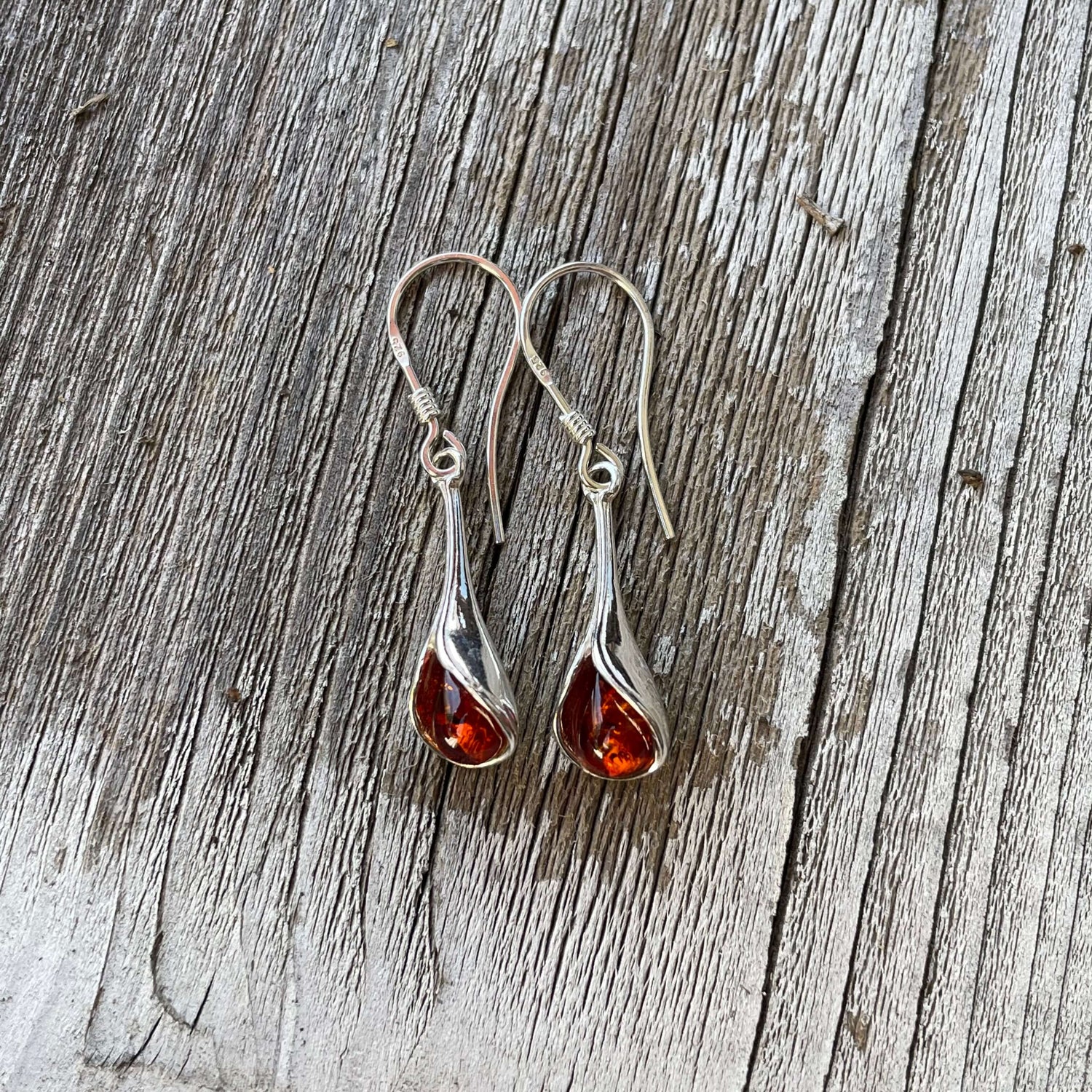 trumpet style cognac amber hook earrings