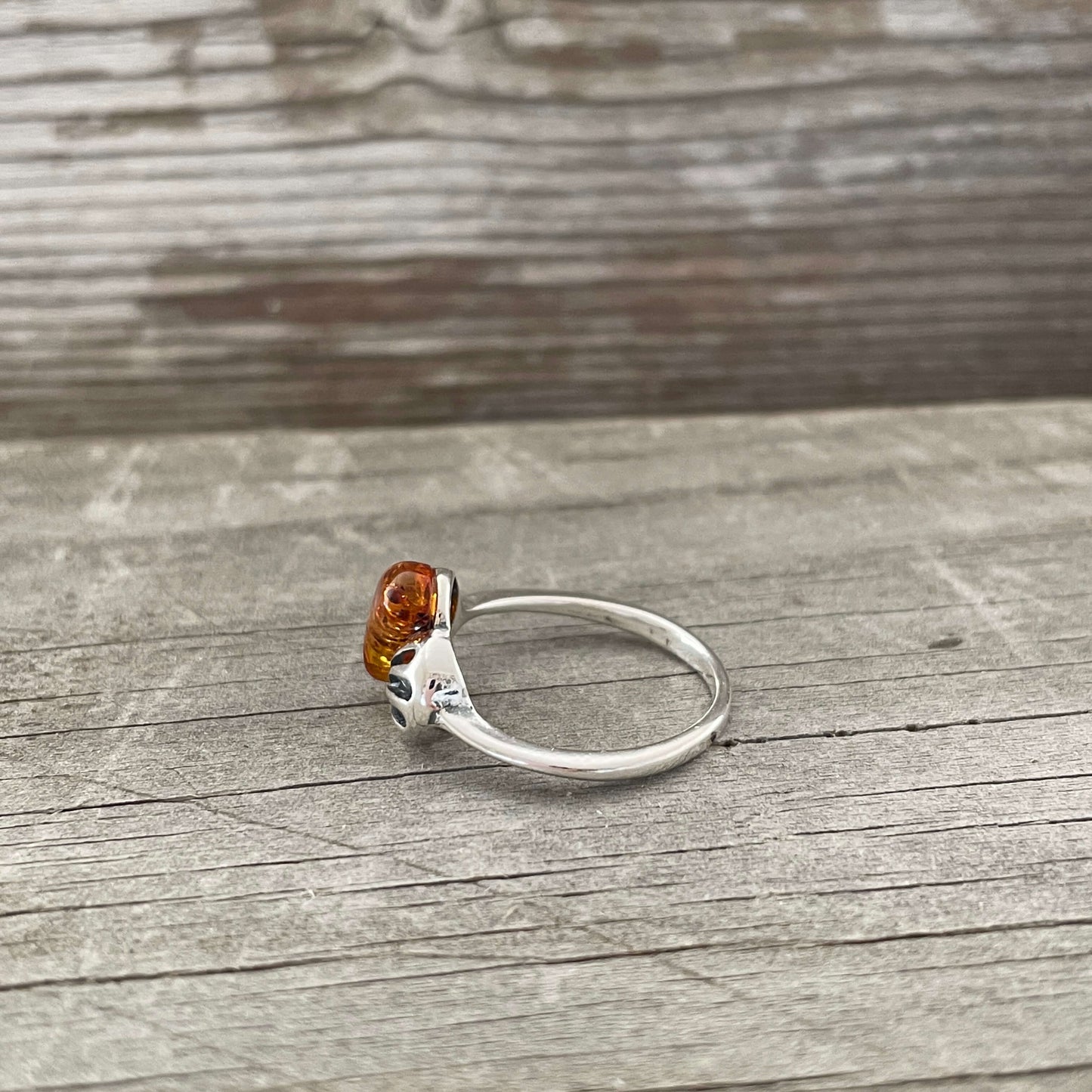 heart shaped amber and sterling silver ring
