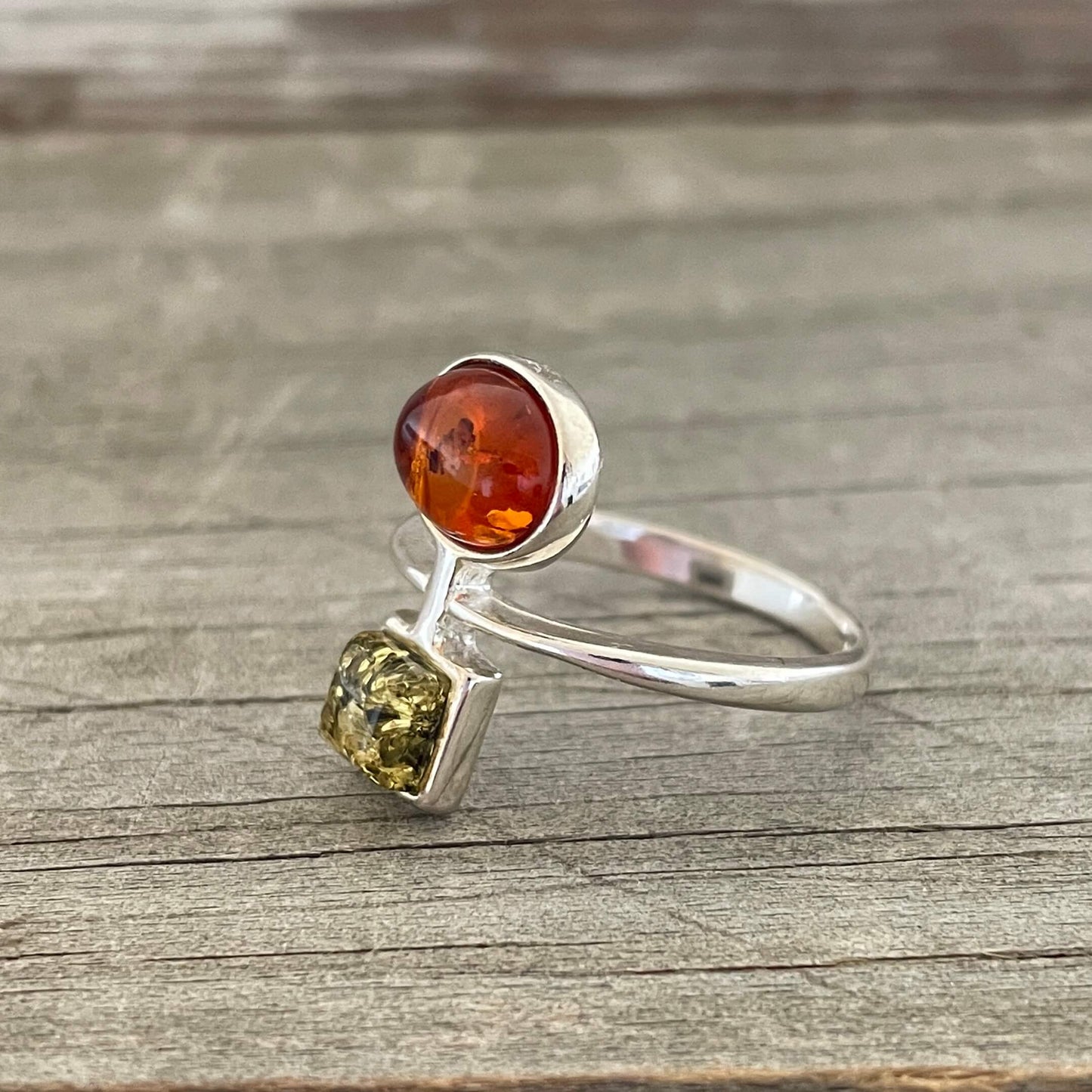 square cognac and square green amber sterling silver ring
