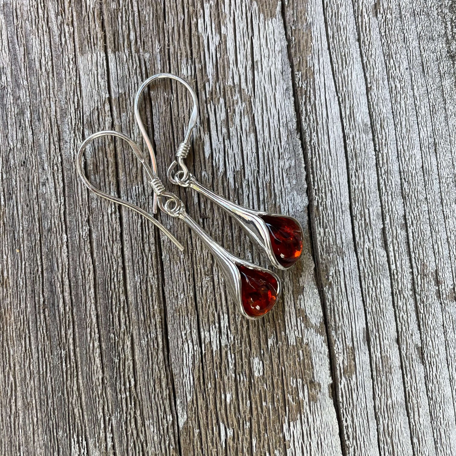 trumpet style cognac amber hook earrings
