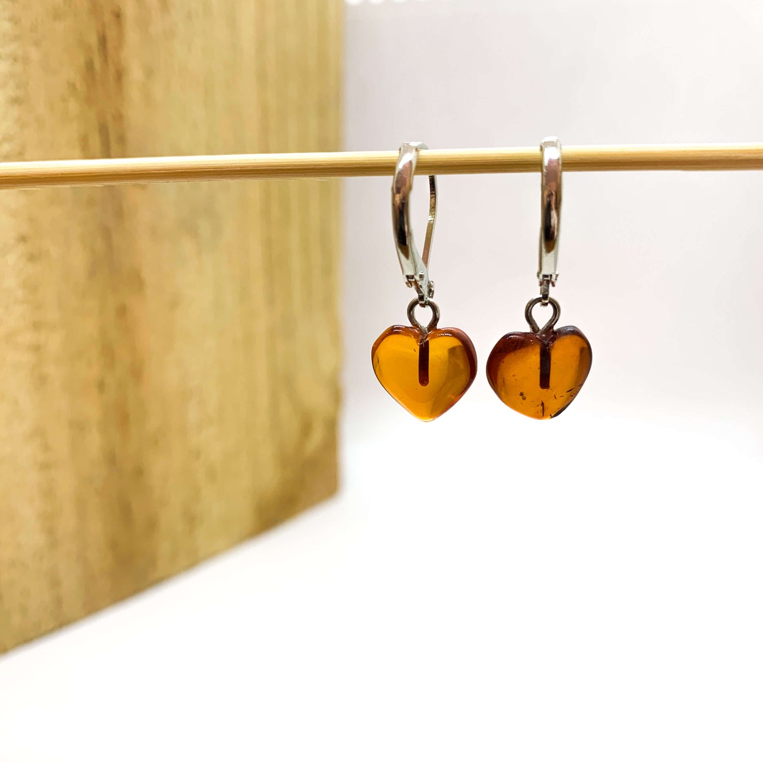 love heart shaped amber hook earrings