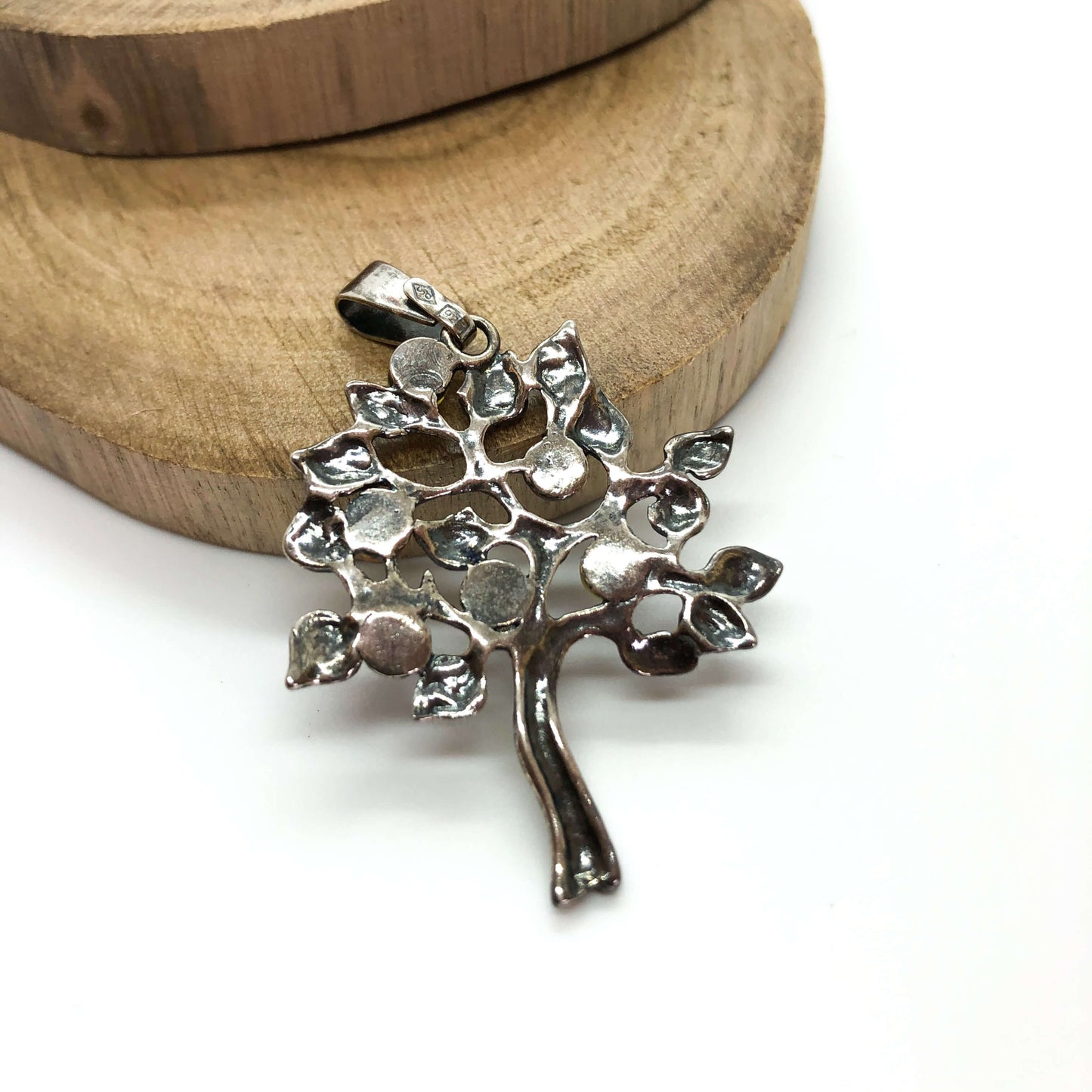 tree of life sterling silver pendant with green, butterscotch and cognac amber