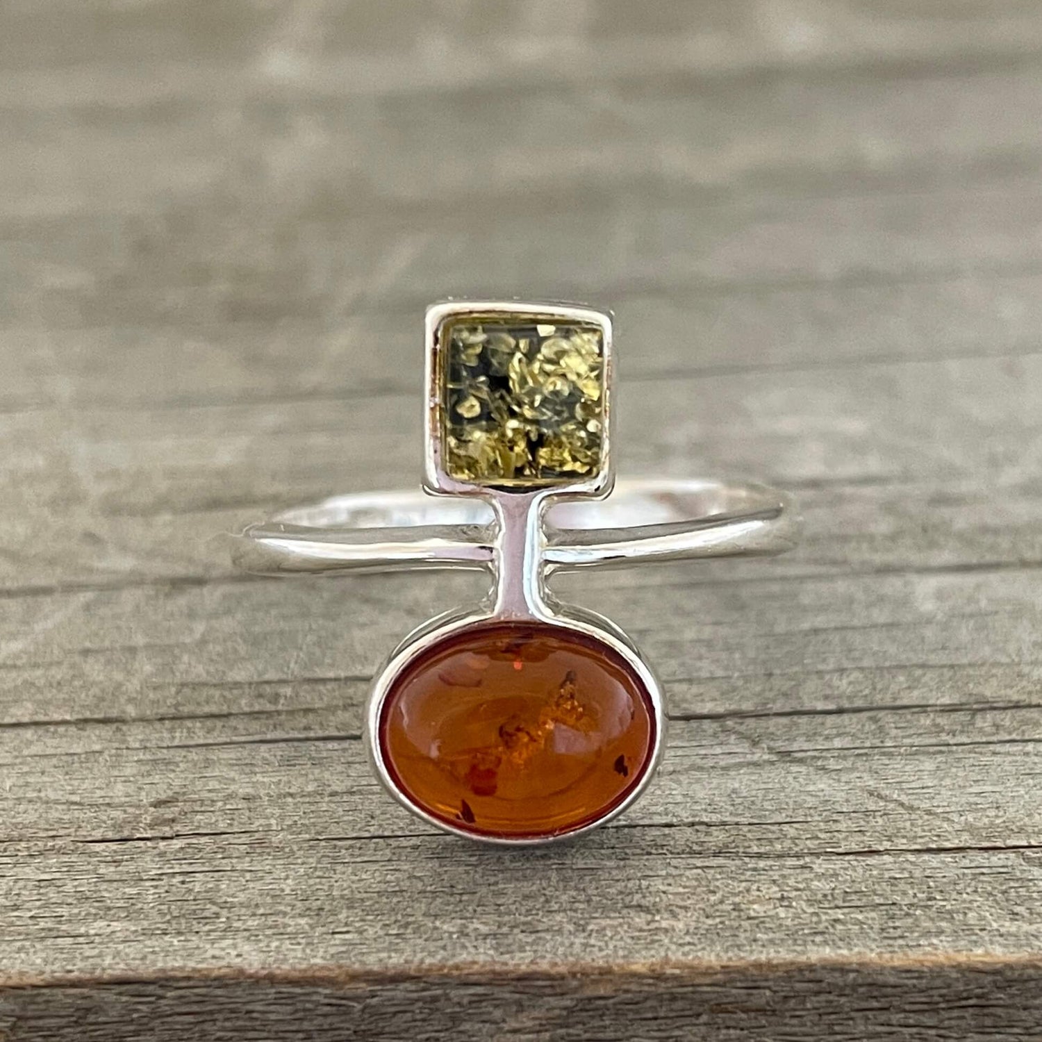 square cognac and square green amber sterling silver ring