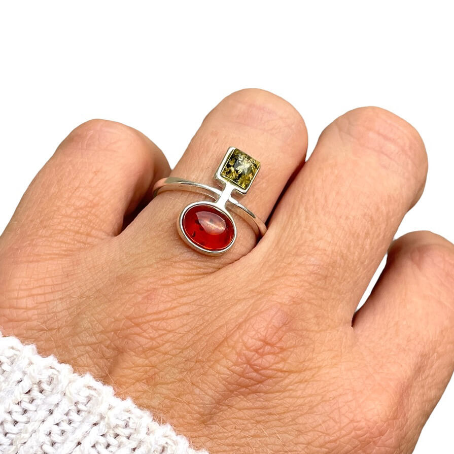 square cognac and square green amber sterling silver ring