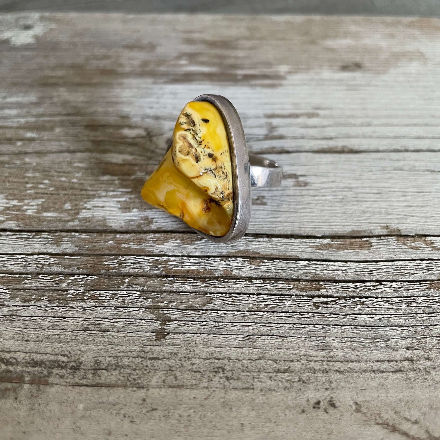 butterscotch triangle shaped amber and silver adjustable ring